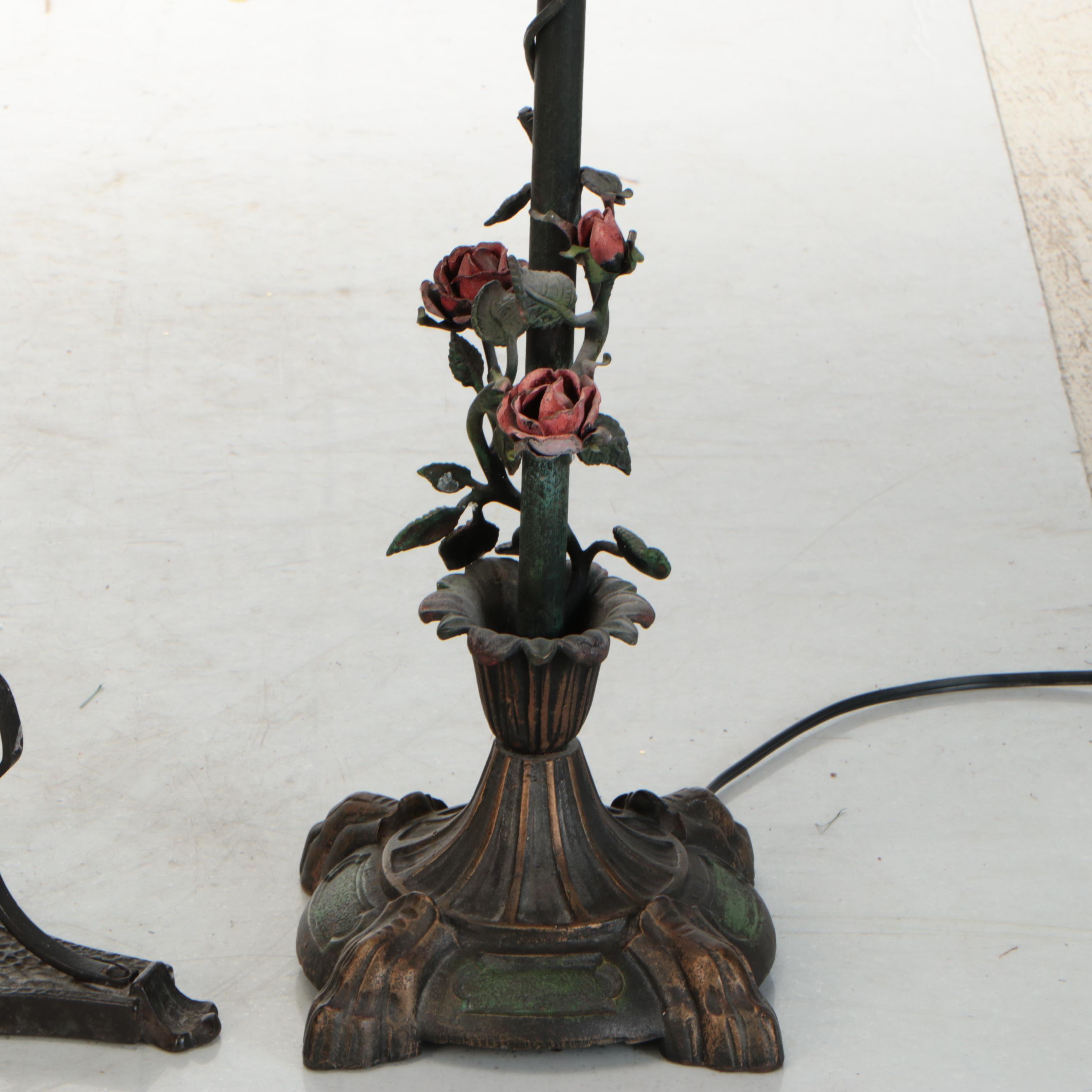 Polychrome Metal and Amber Glass Floor Lamp with Standing Ashtray