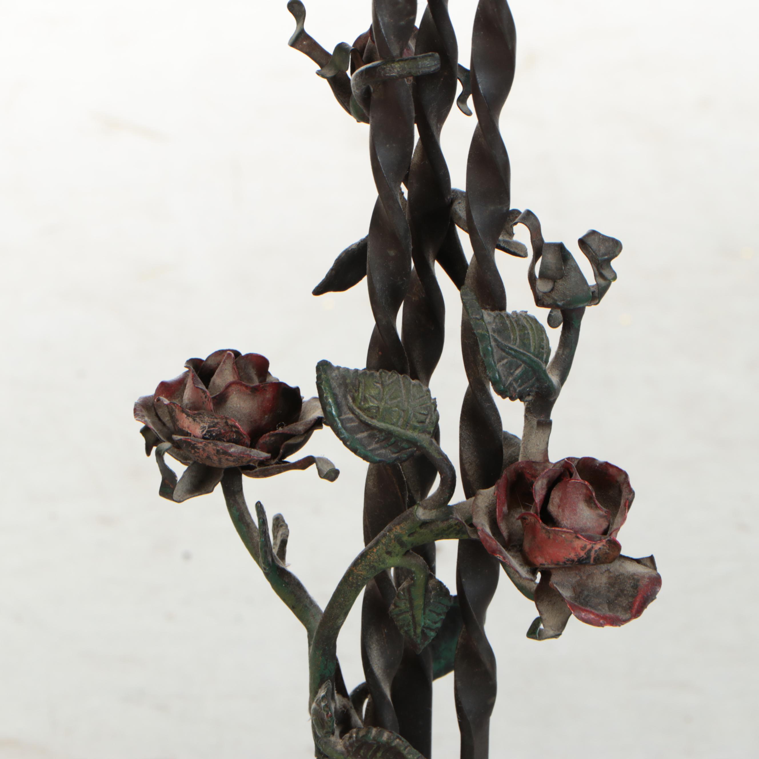 Polychrome Metal and Amber Glass Floor Lamp with Standing Ashtray