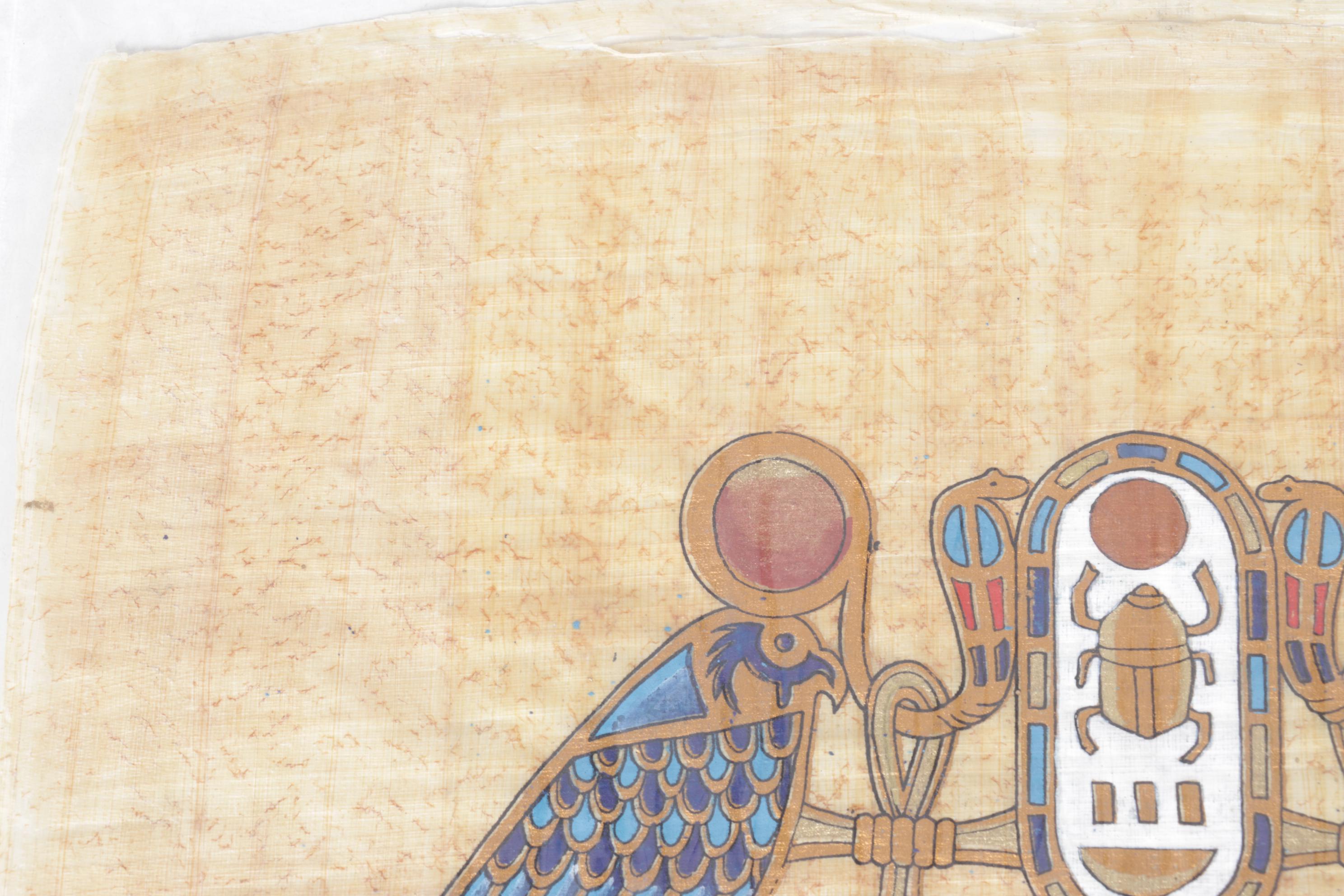 Egyptian Souvenir Gouache Painting on Papyrus of Falcon and Scarab Symbolism