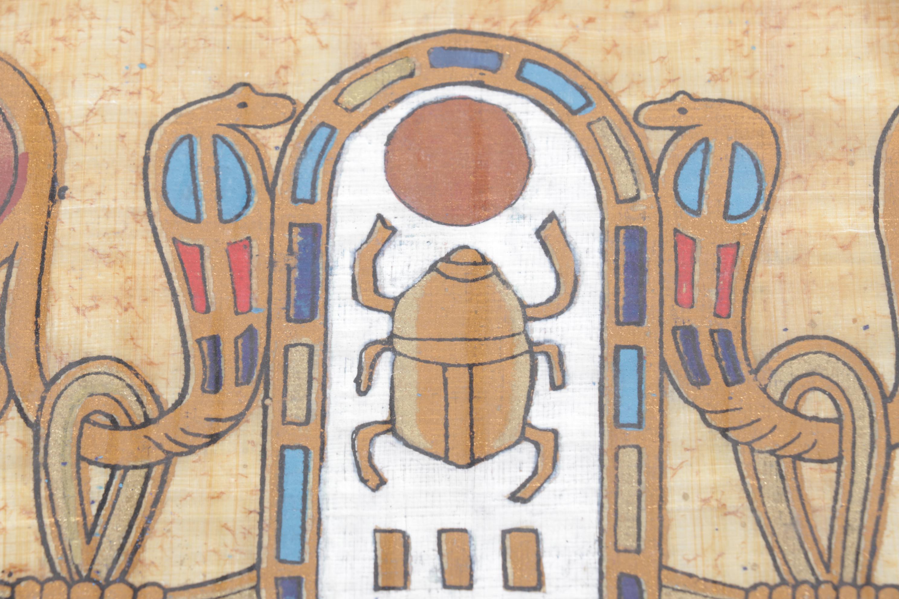 Egyptian Souvenir Gouache Painting on Papyrus of Falcon and Scarab Symbolism