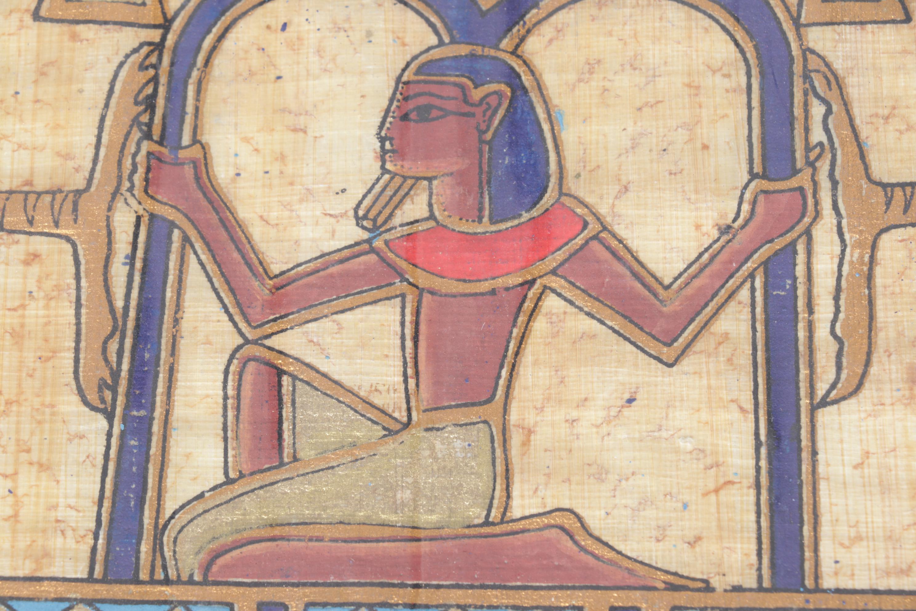 Egyptian Souvenir Gouache Painting on Papyrus of Falcon and Scarab Symbolism