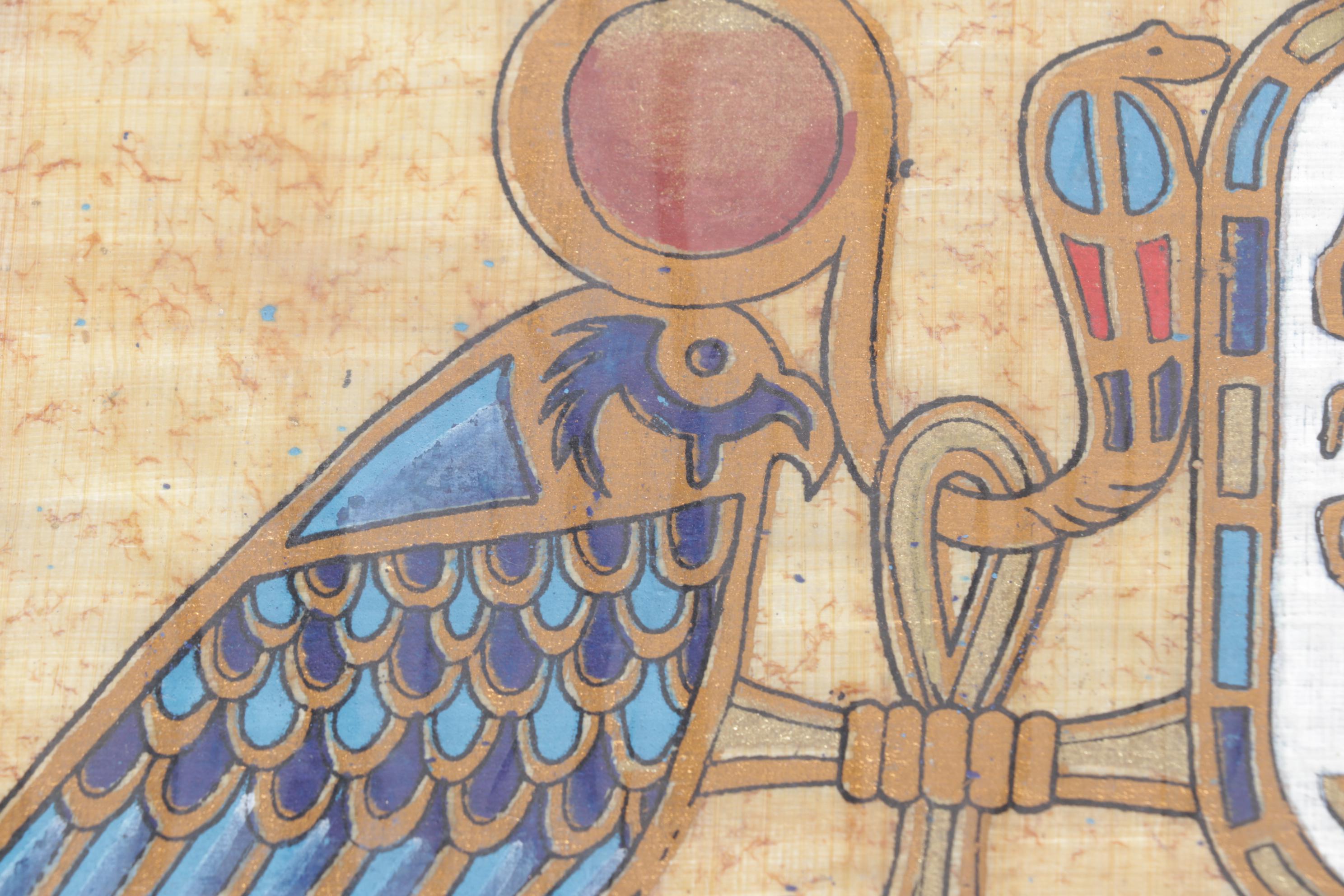 Egyptian Souvenir Gouache Painting on Papyrus of Falcon and Scarab Symbolism
