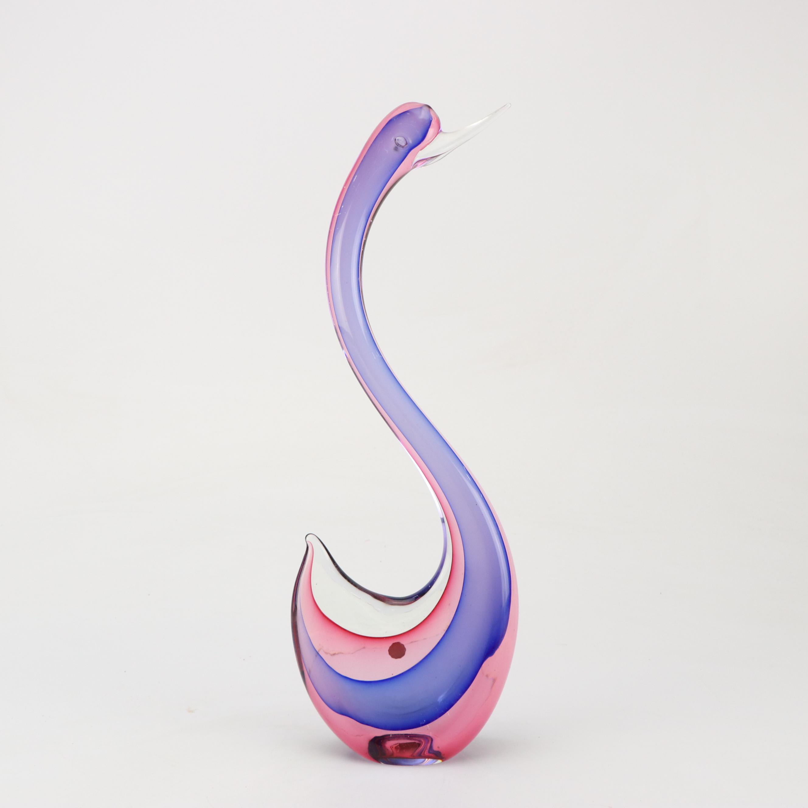 Murano Glass Swan Sculpture with Art Glass Flower Shaped Bowl