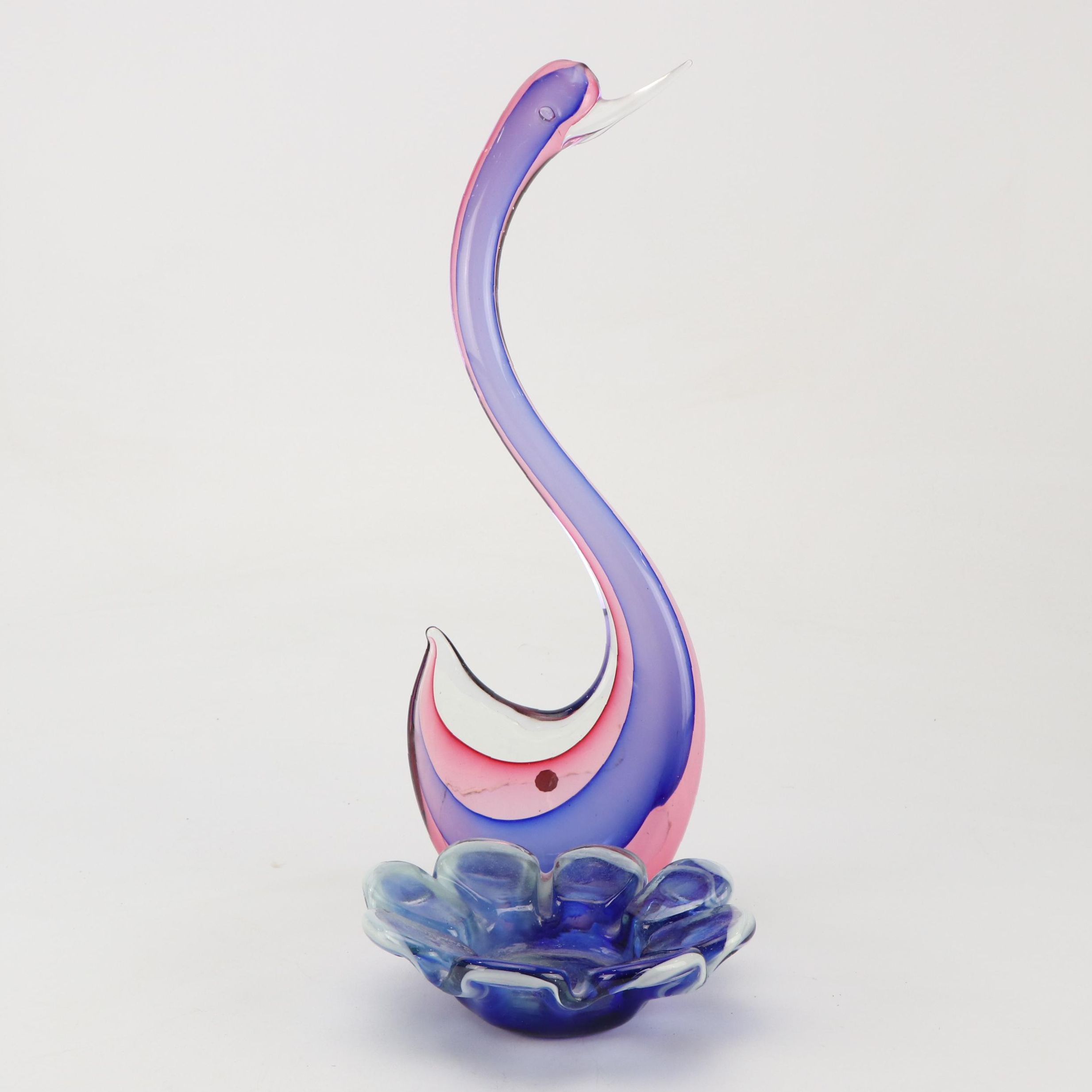 Murano Glass Swan Sculpture with Art Glass Flower Shaped Bowl