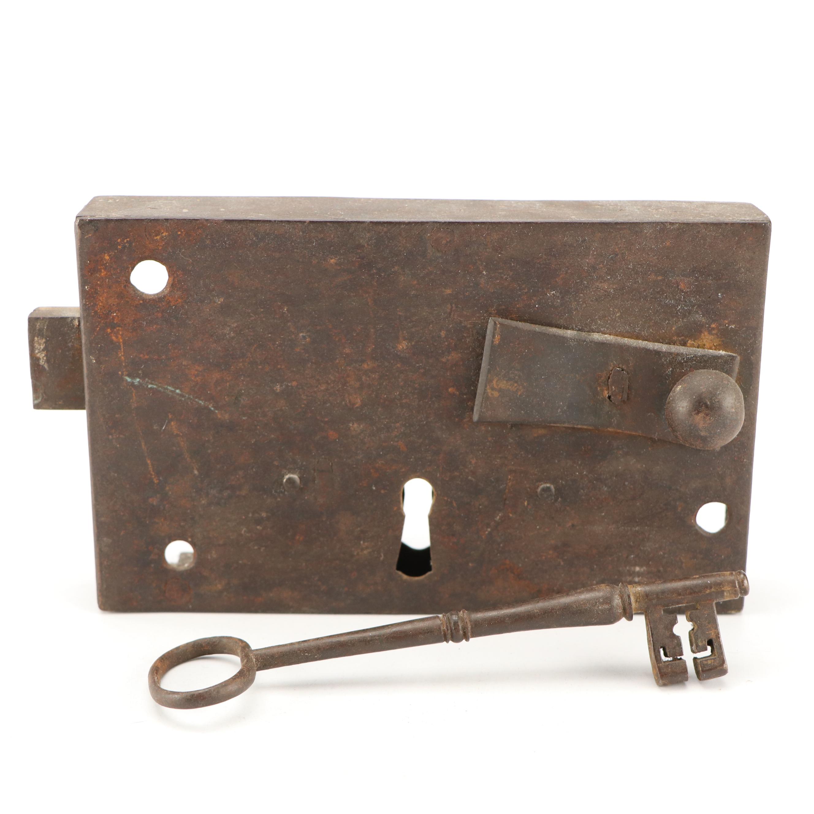 Cast Iron Lock with Key, Late 19th/Early 20th Century