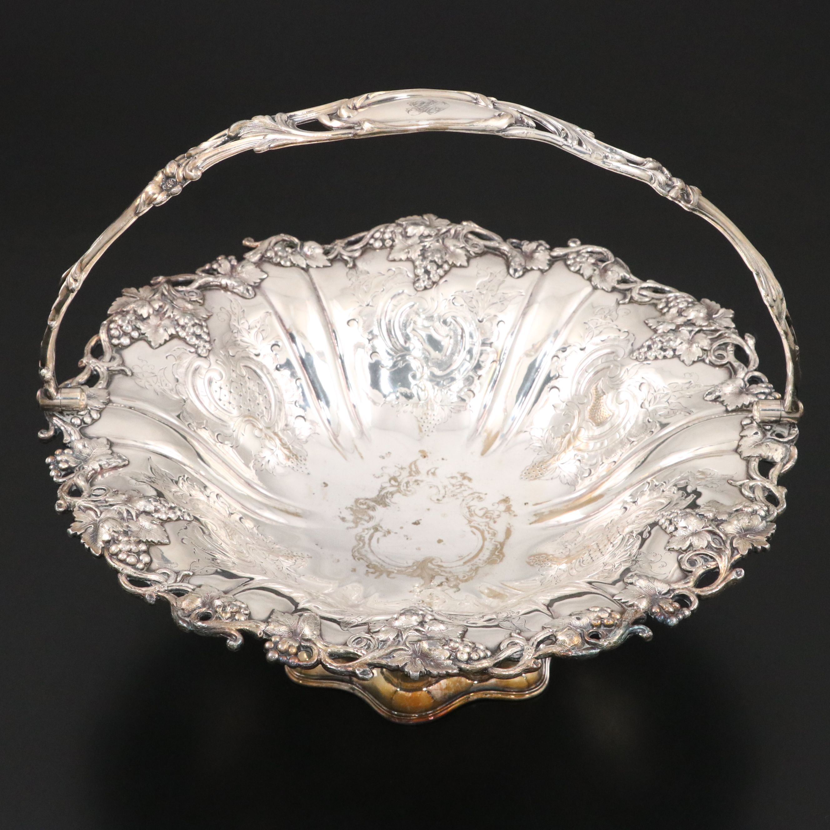 Baroque Style Silver Plate Pedestal Basket with Applied Grapevine Border