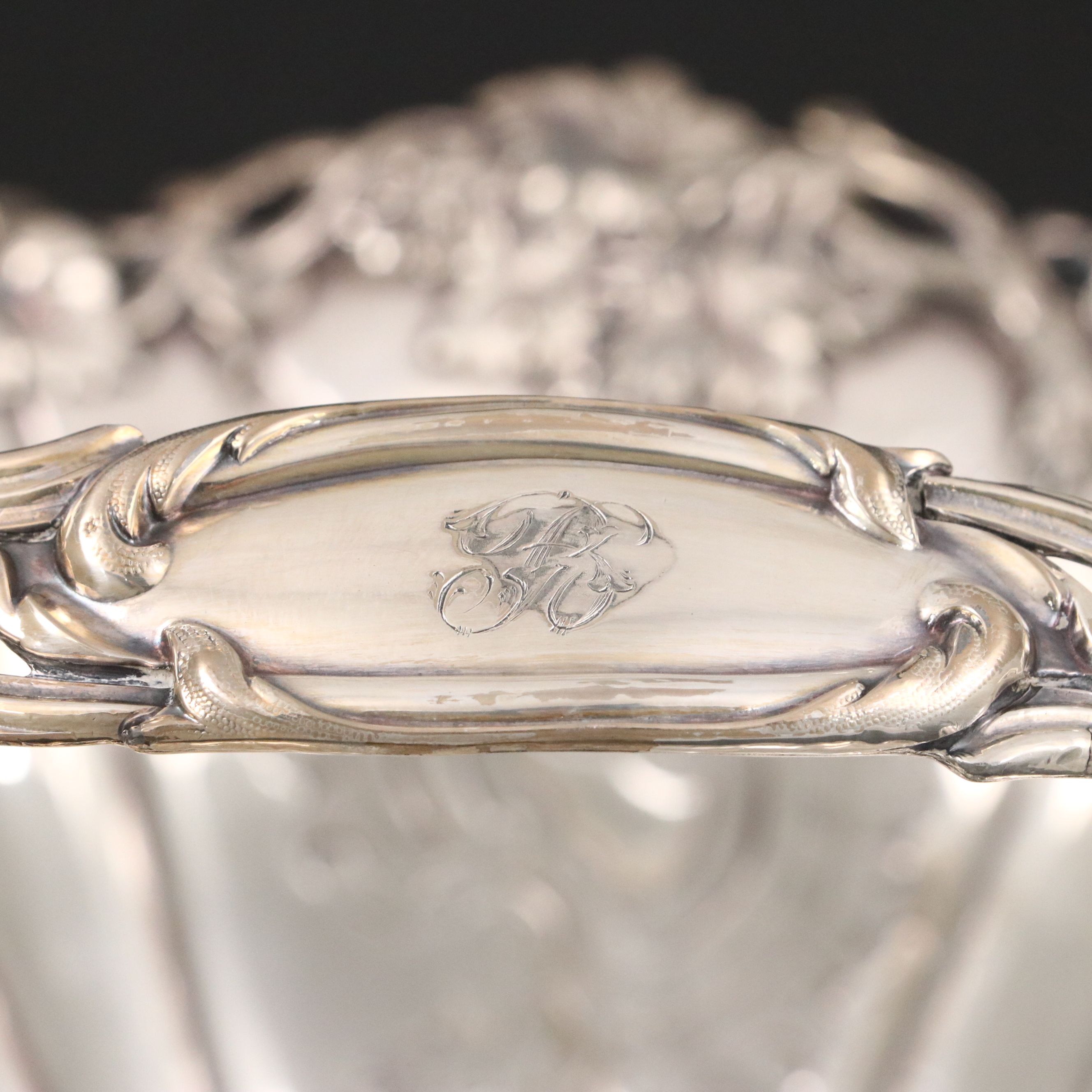Baroque Style Silver Plate Pedestal Basket with Applied Grapevine Border