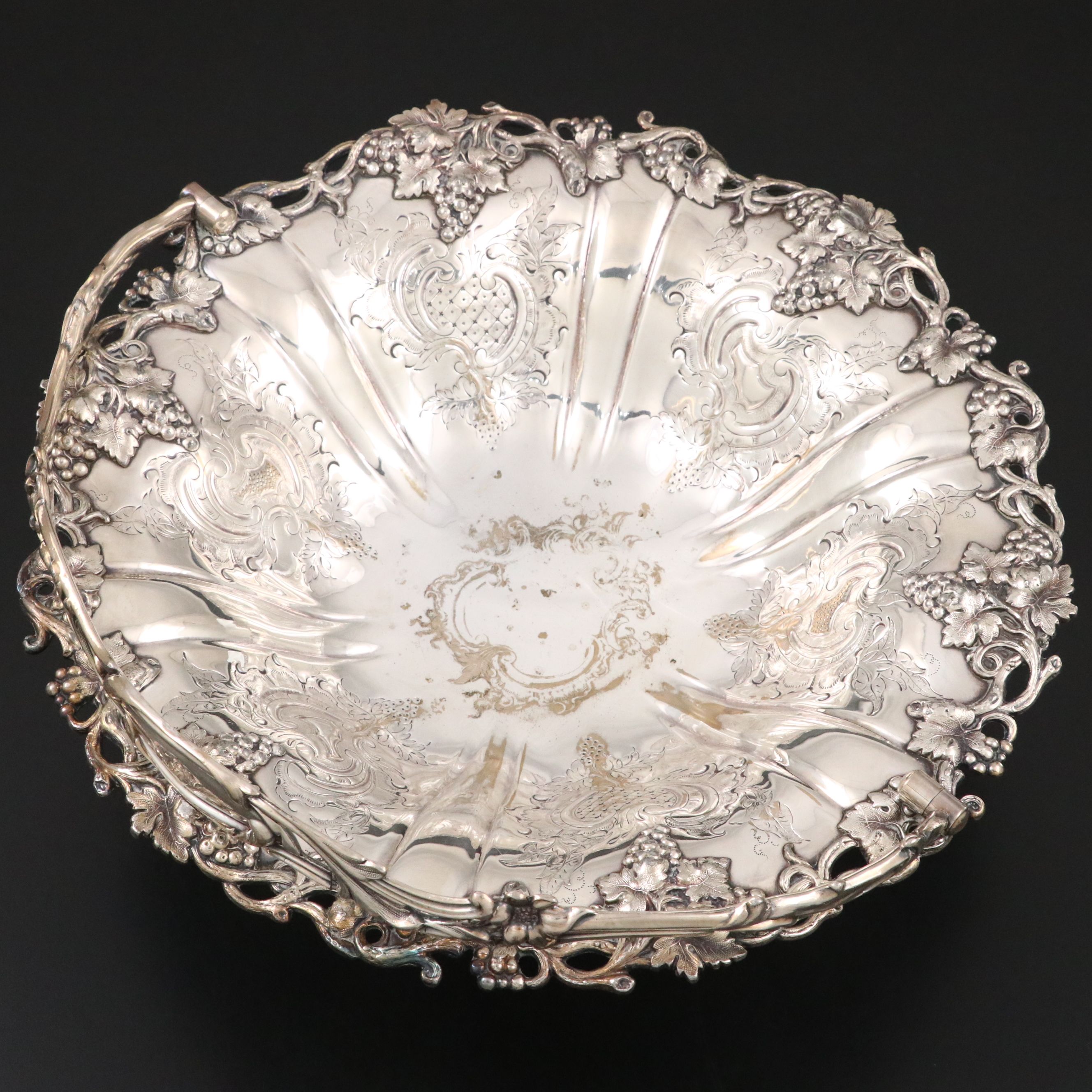 Baroque Style Silver Plate Pedestal Basket with Applied Grapevine Border