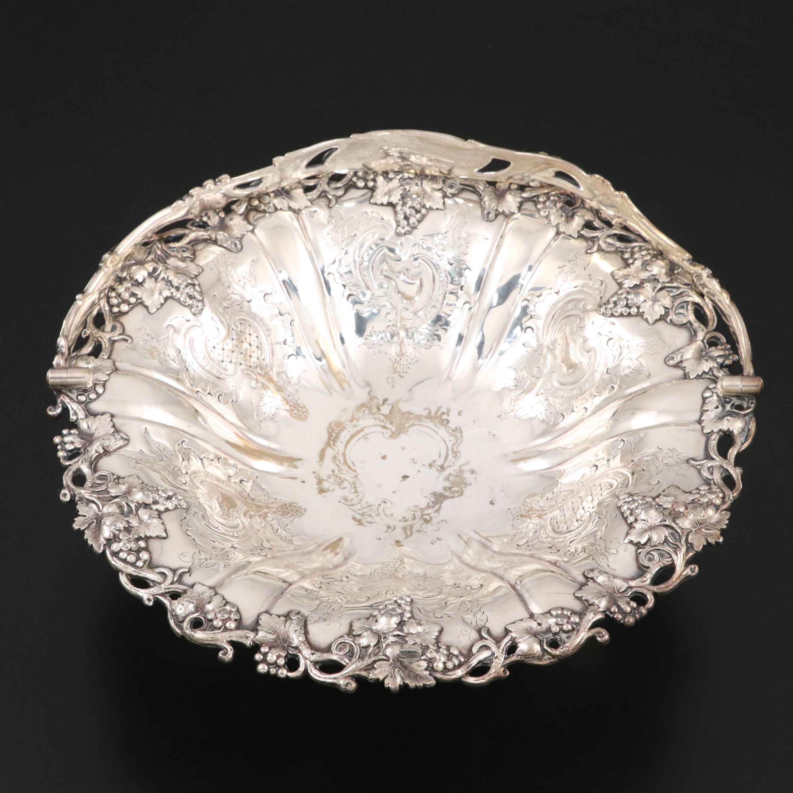 Baroque Style Silver Plate Pedestal Basket with Applied Grapevine Border