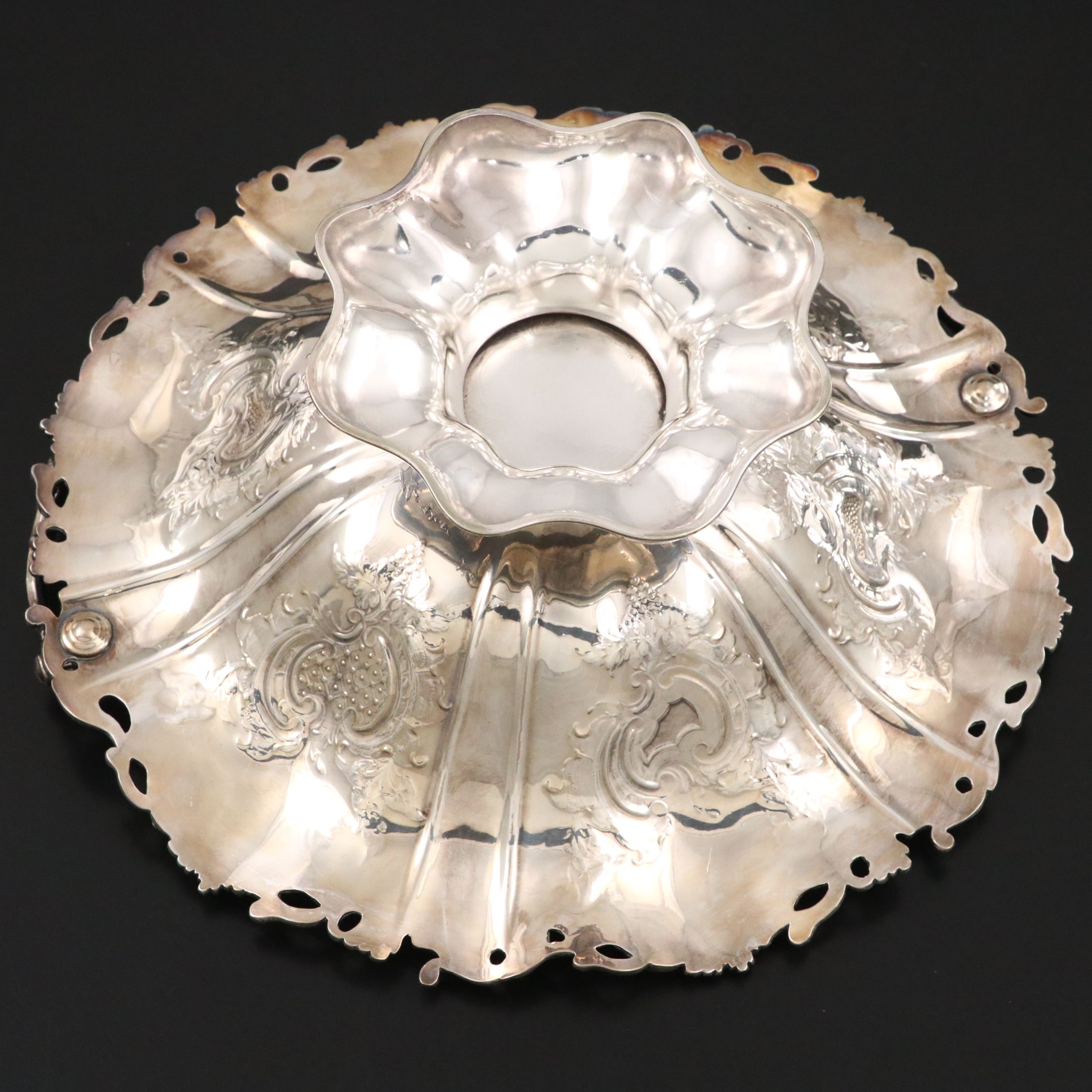 Baroque Style Silver Plate Pedestal Basket with Applied Grapevine Border