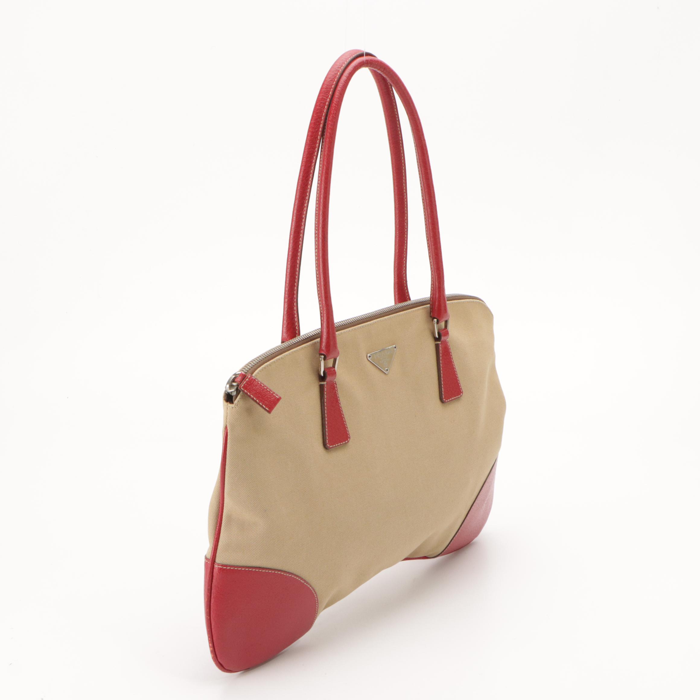 Prada Canvas and Red Cinghiale Leather Zip Top Shoulder Tote