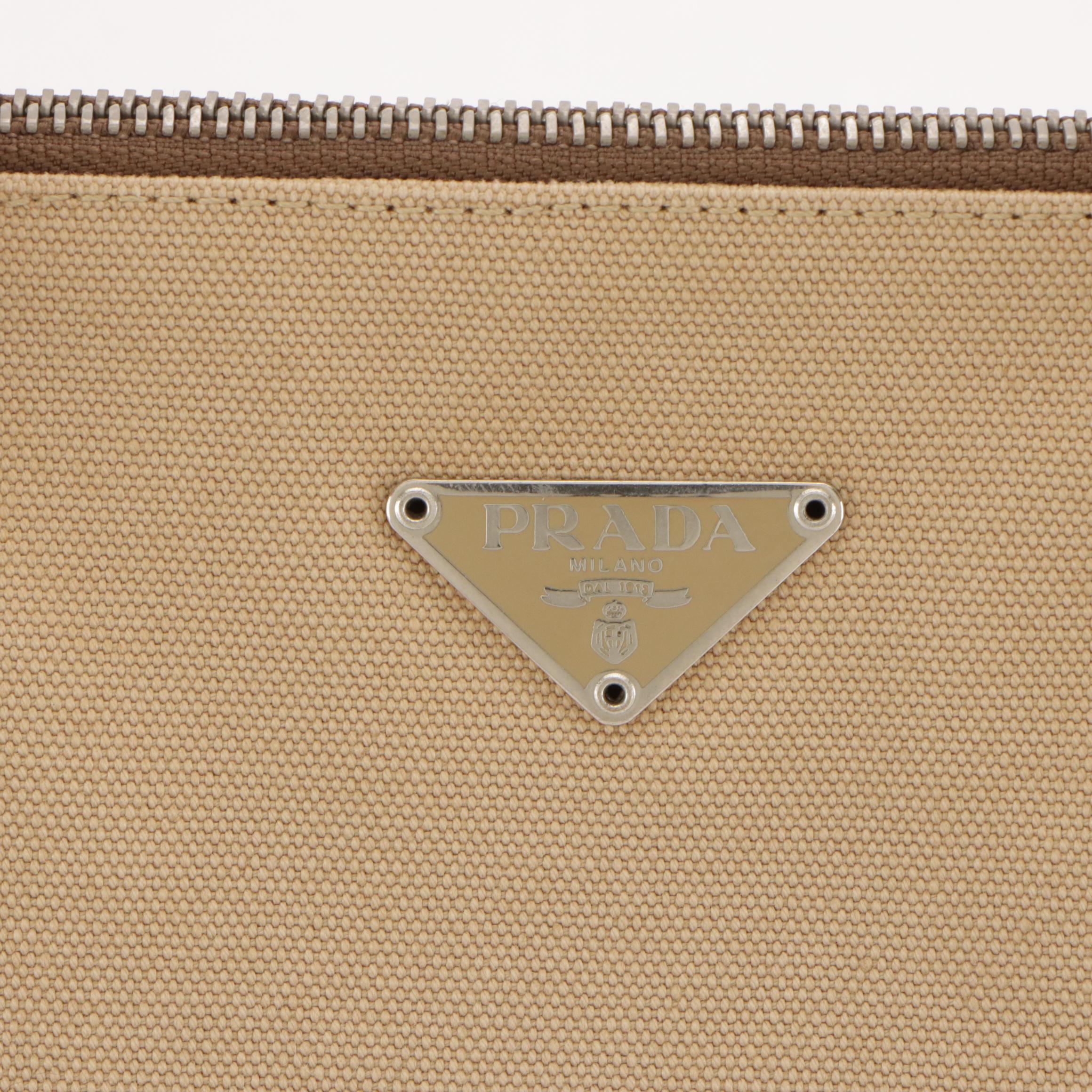 Prada Canvas and Red Cinghiale Leather Zip Top Shoulder Tote
