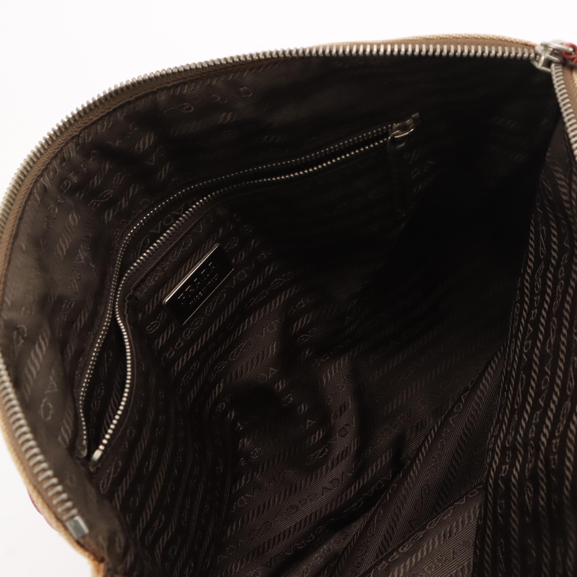 Prada Canvas and Red Cinghiale Leather Zip Top Shoulder Tote