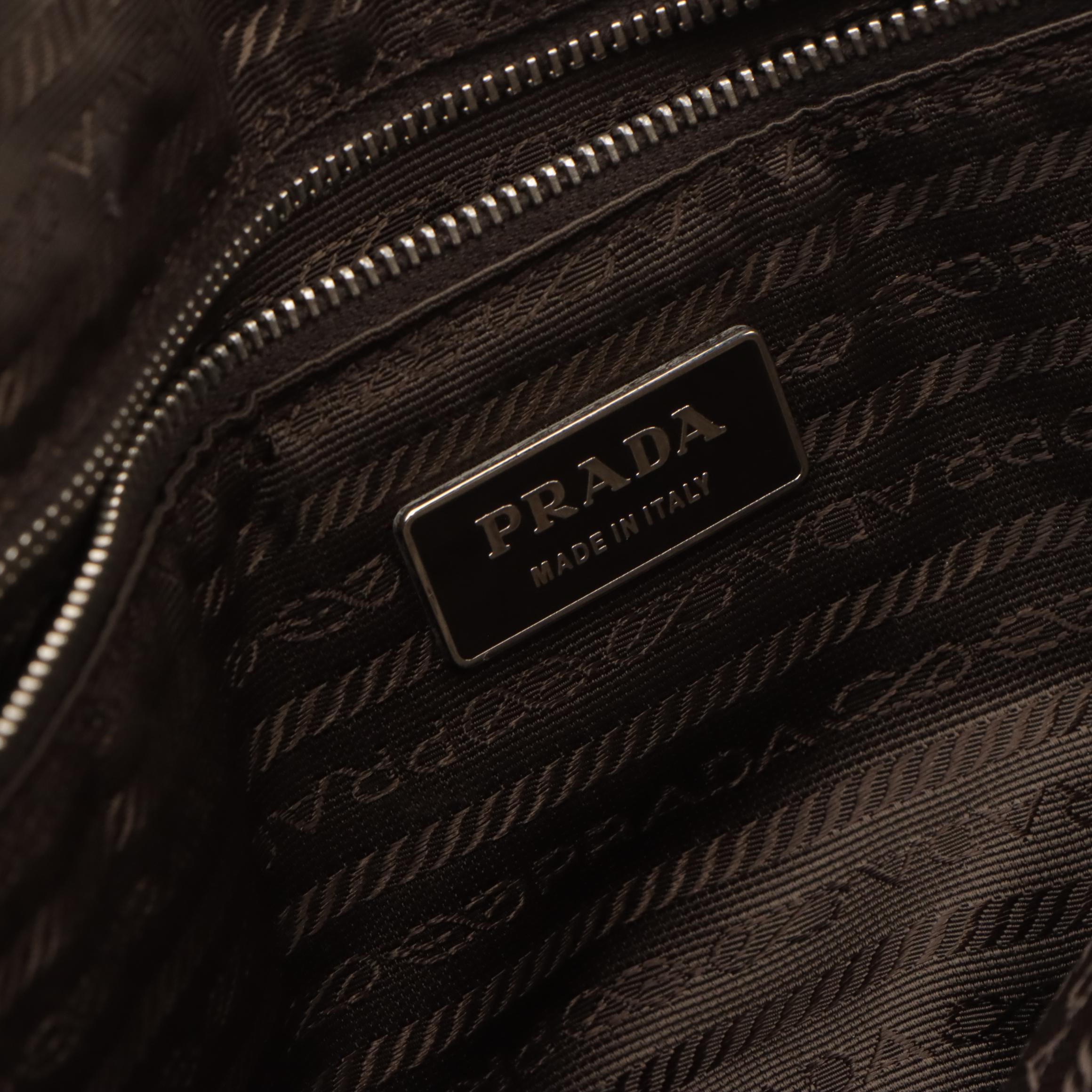 Prada Canvas and Red Cinghiale Leather Zip Top Shoulder Tote