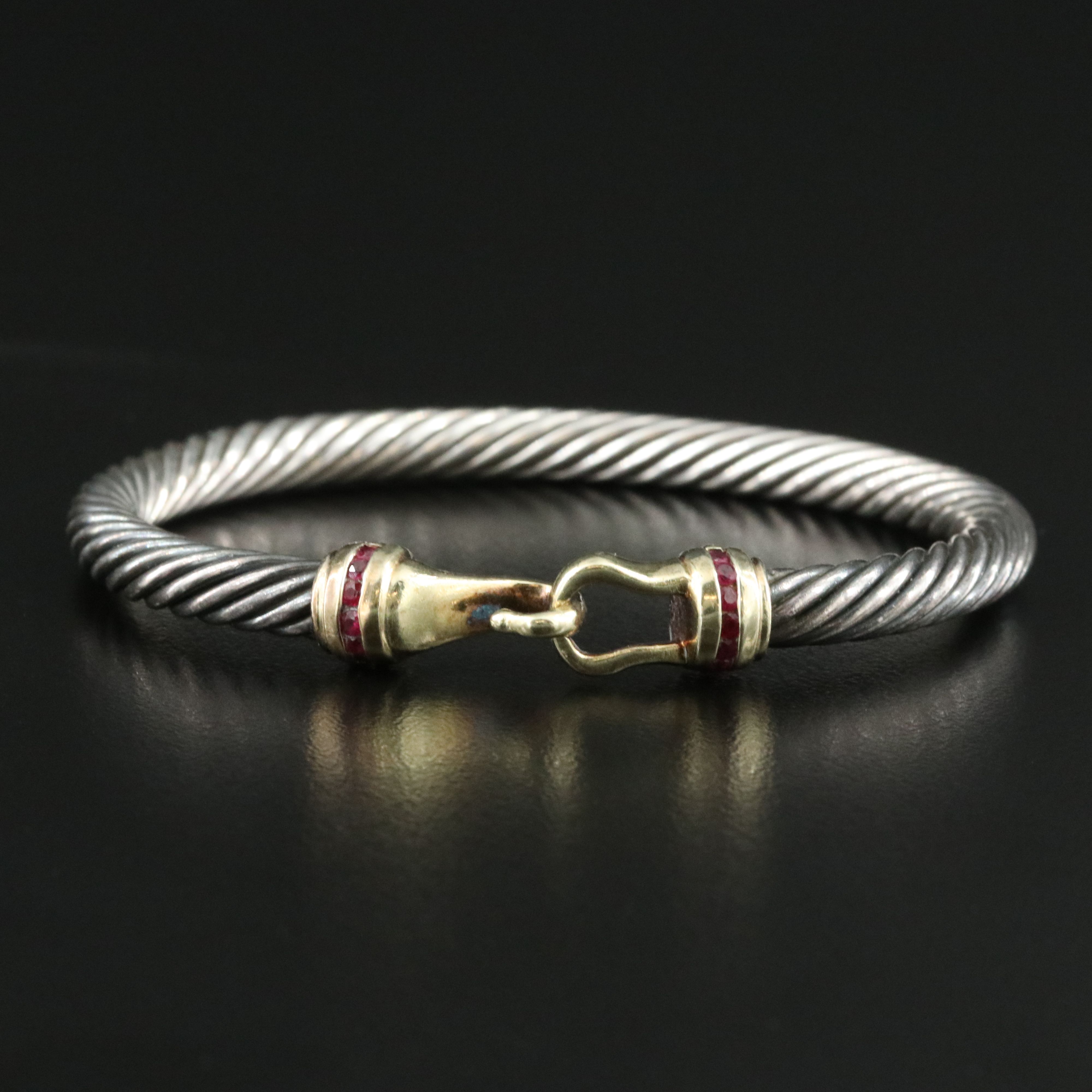 David Yurman Sterling 14K and Ruby Buckle Cable Bracelet