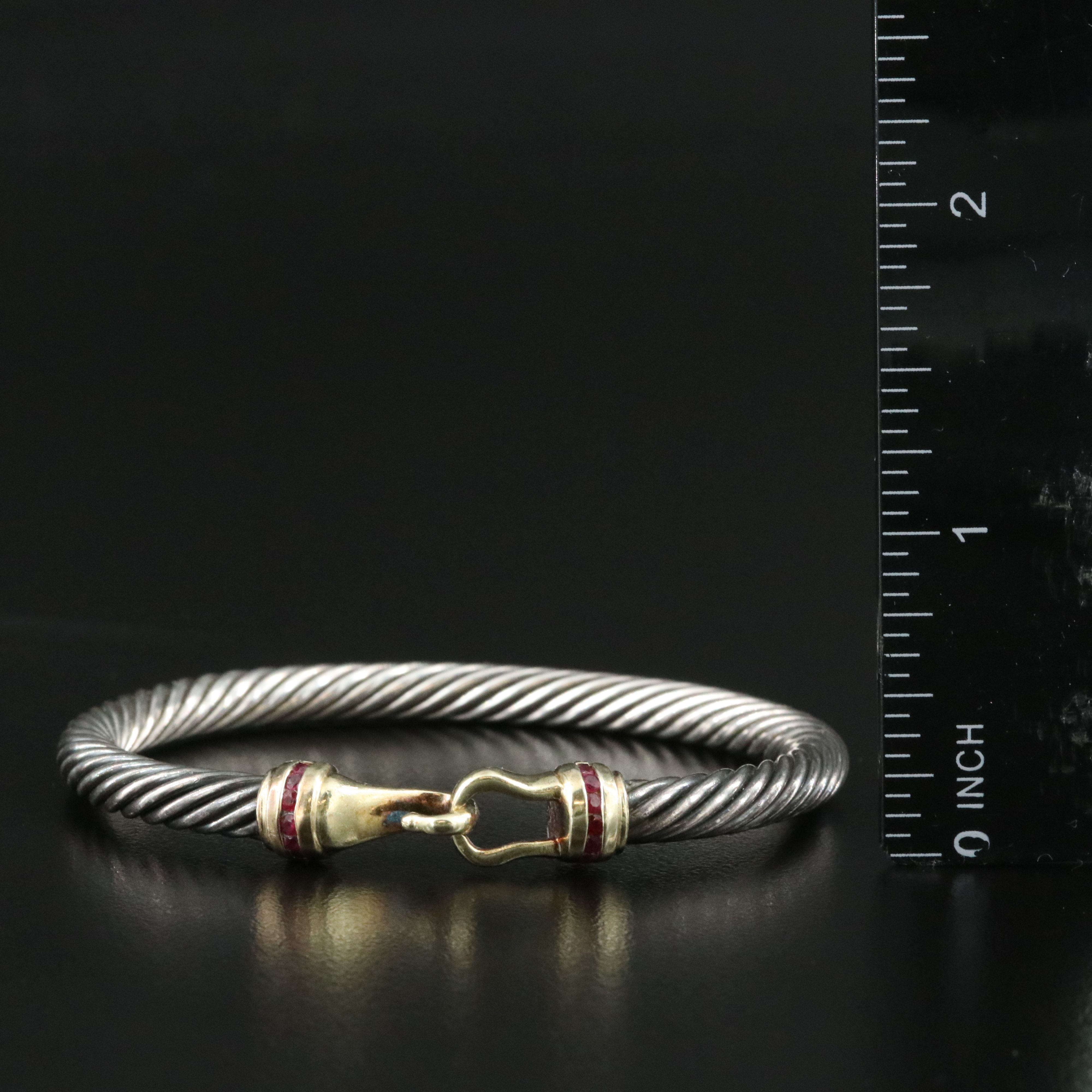 David Yurman Sterling 14K and Ruby Buckle Cable Bracelet