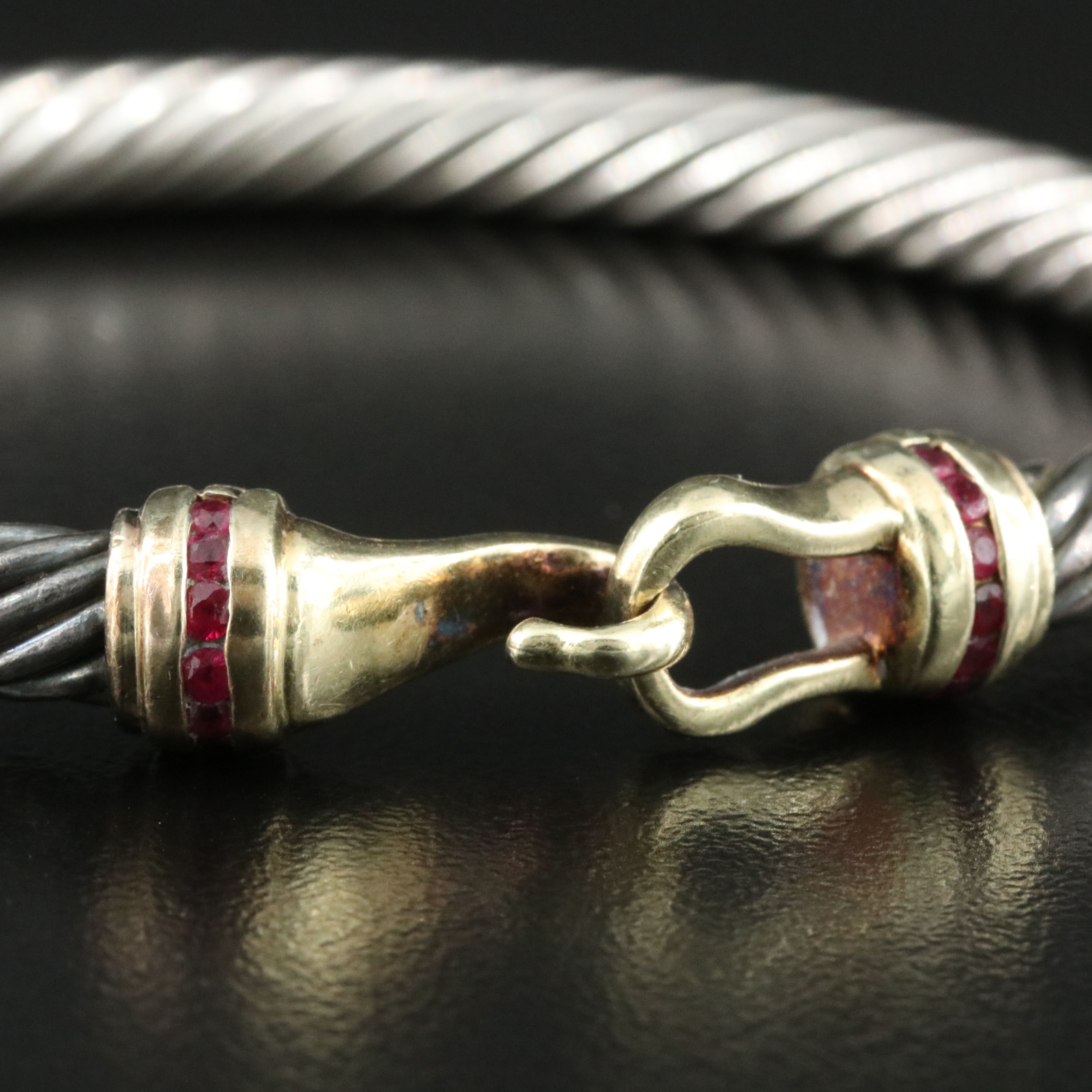 David Yurman Sterling 14K and Ruby Buckle Cable Bracelet