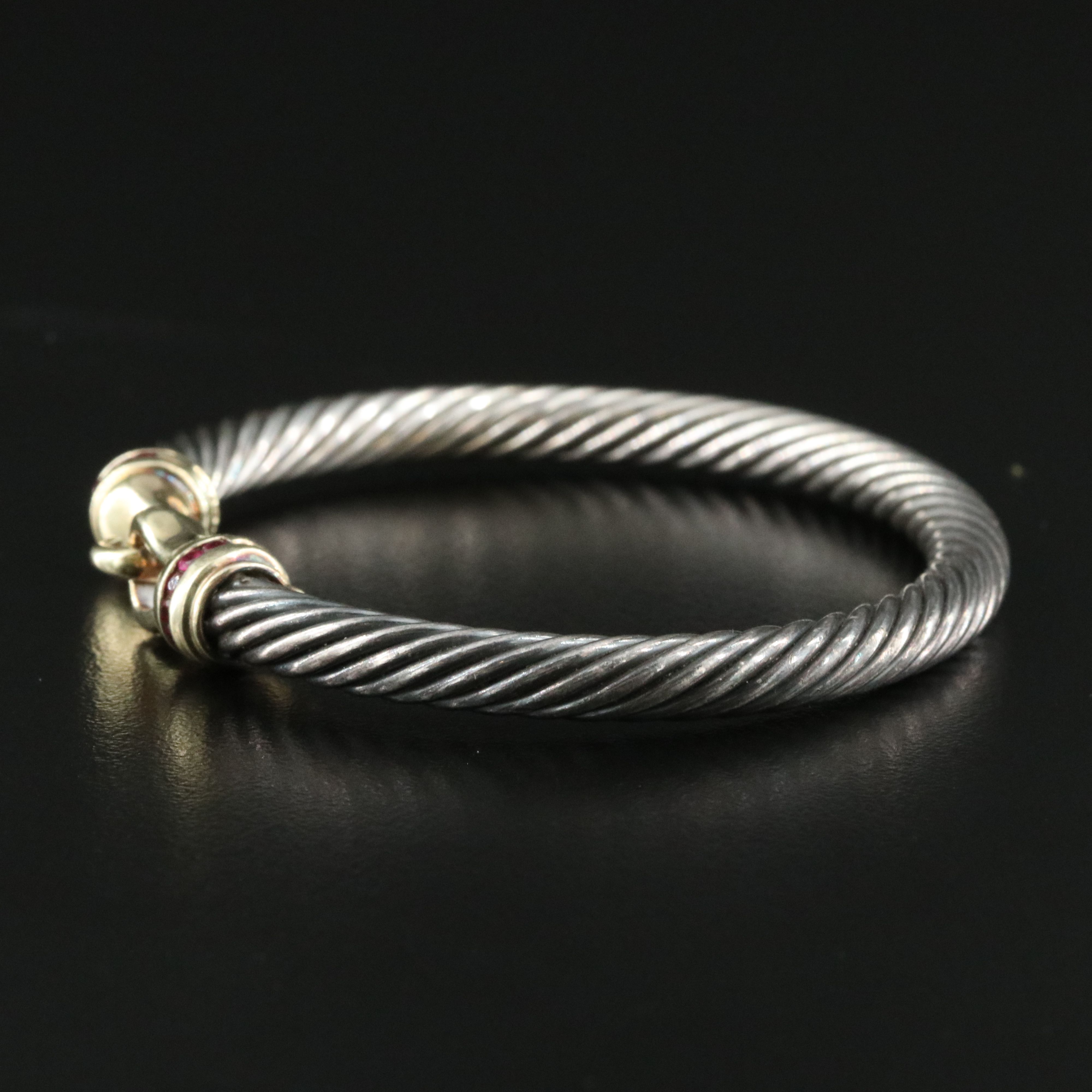 David Yurman Sterling 14K and Ruby Buckle Cable Bracelet