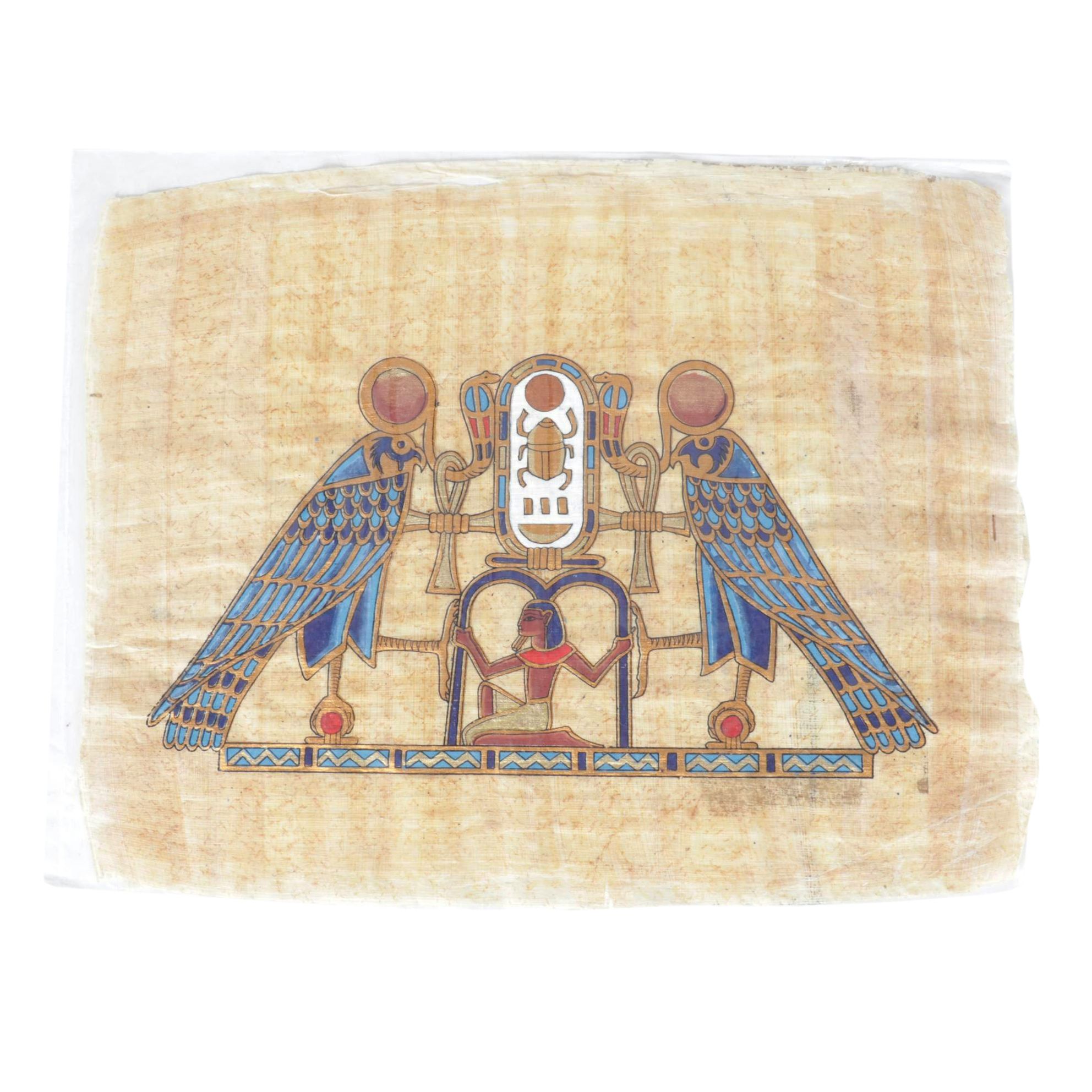 Egyptian Souvenir Gouache Painting on Papyrus of Falcon and Scarab Symbolism