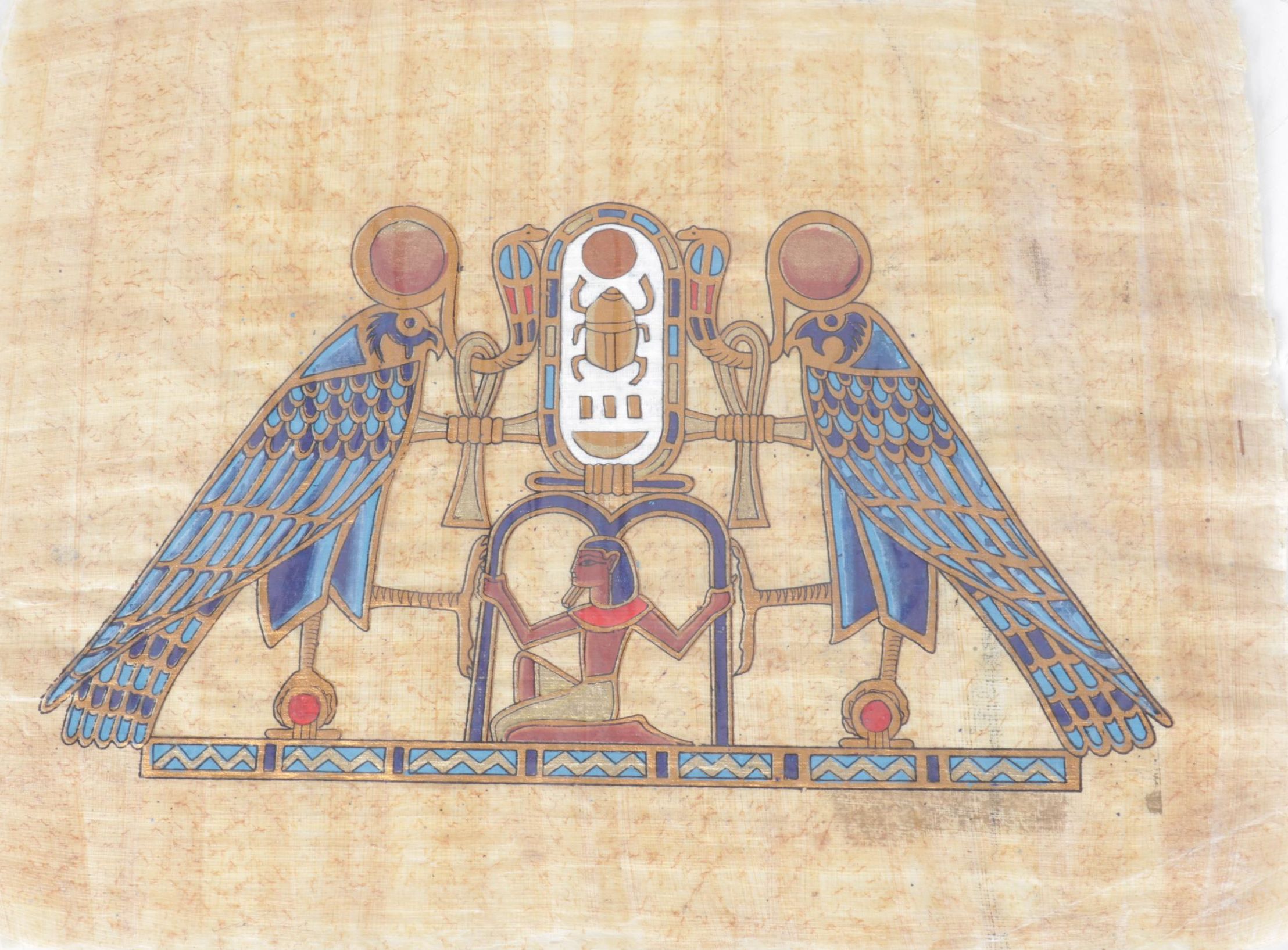 Egyptian Souvenir Gouache Painting on Papyrus of Falcon and Scarab Symbolism