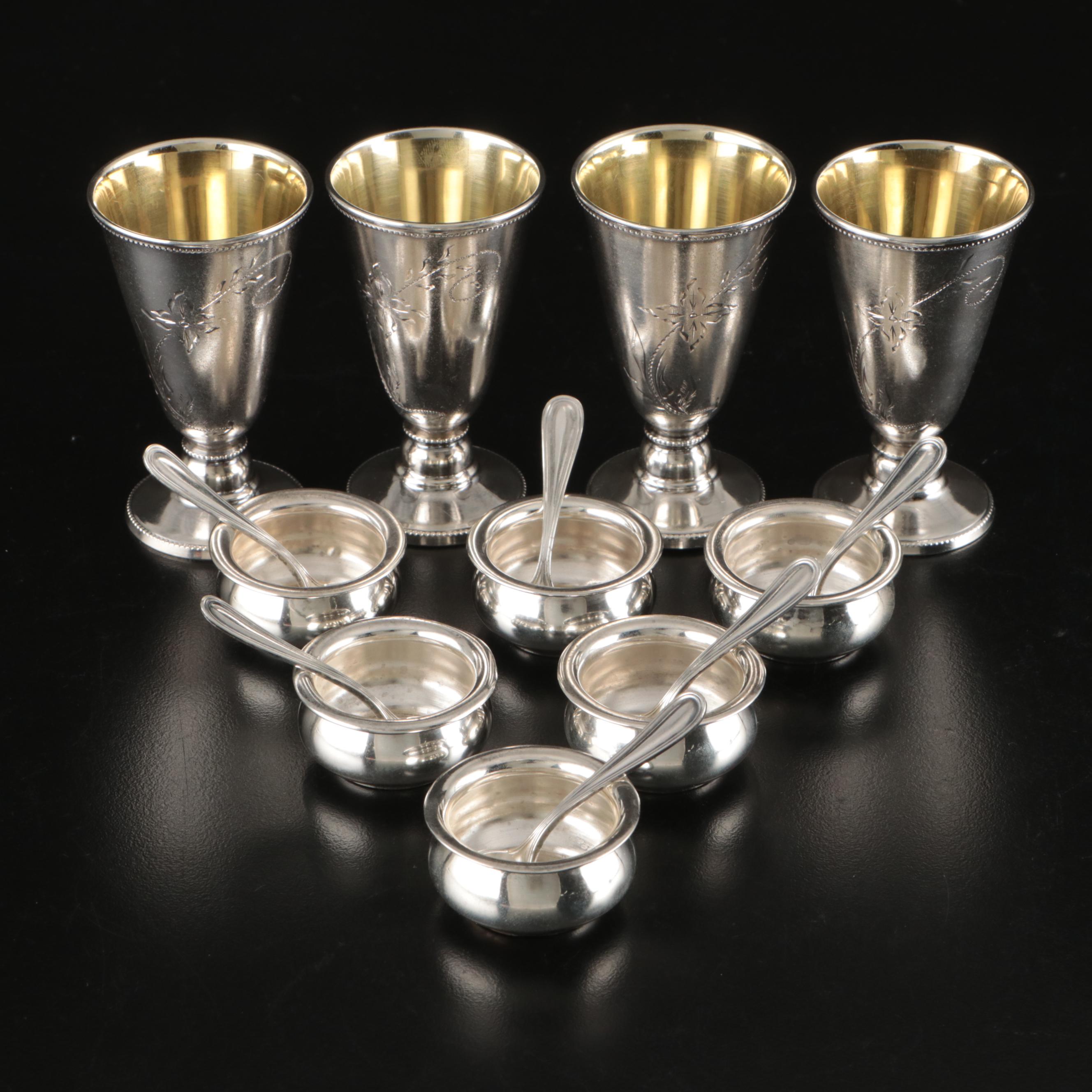 Gorham Sterling Salt Cellars and Salt Spoons with Soviet Russia Shot Glasses