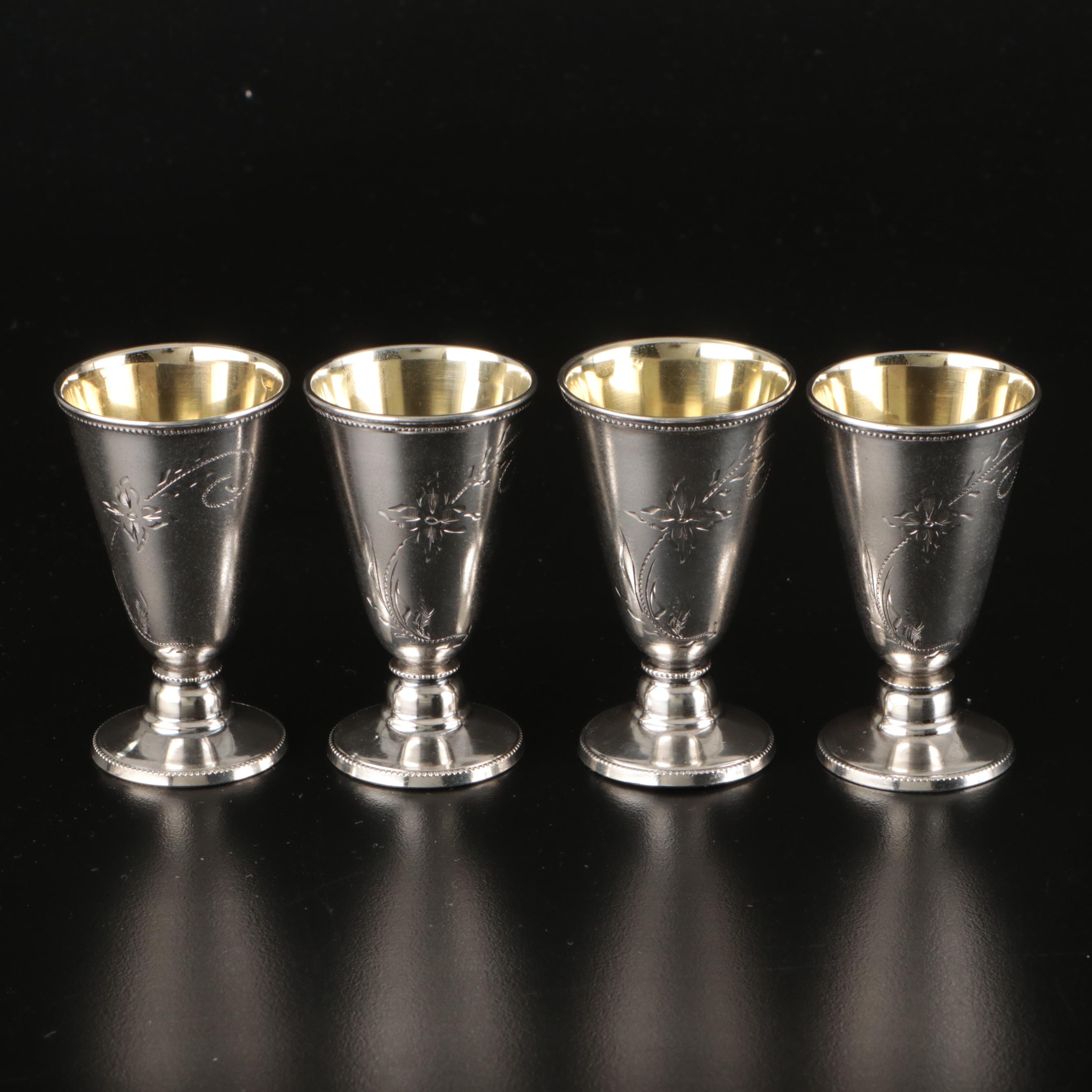 Gorham Sterling Salt Cellars and Salt Spoons with Soviet Russia Shot Glasses