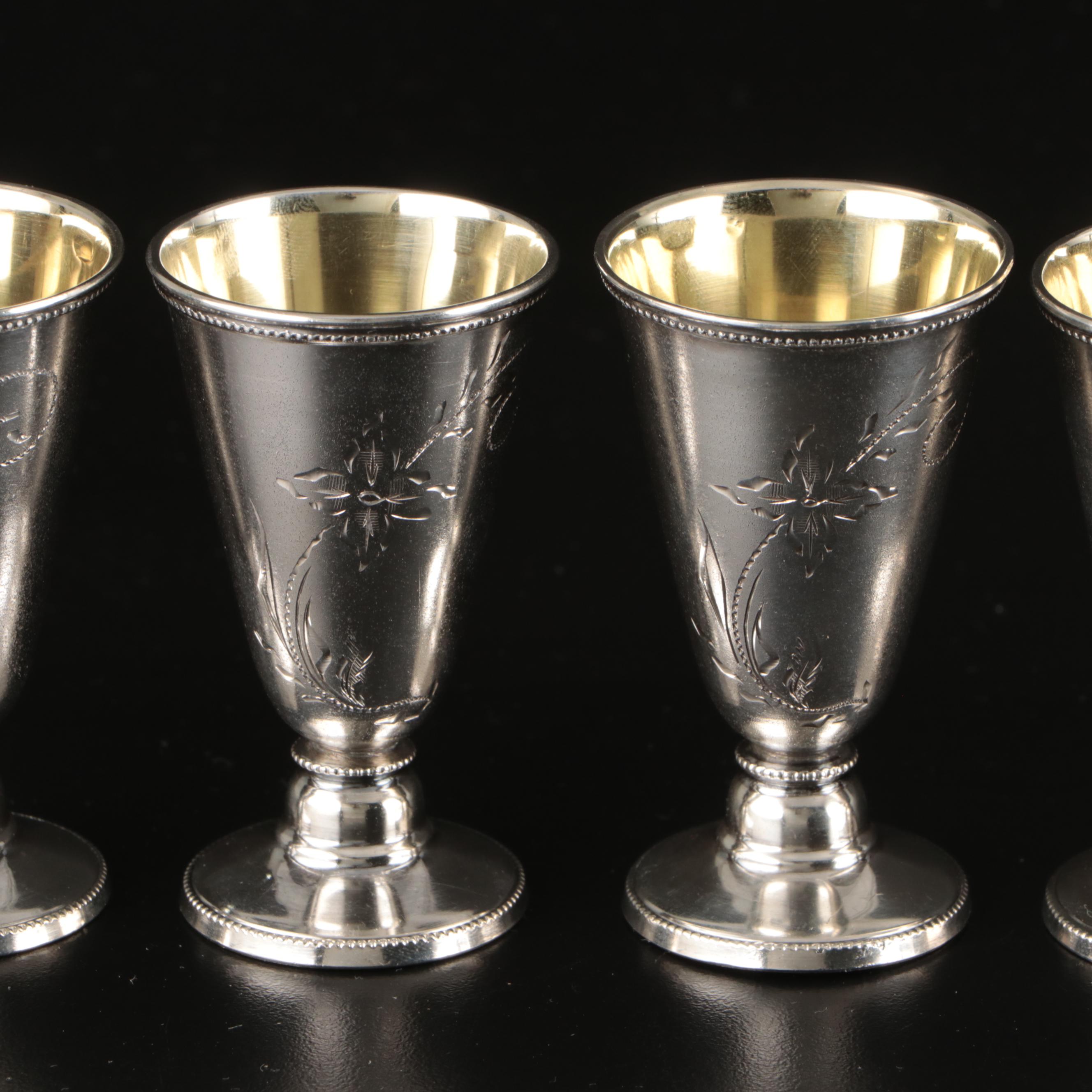 Gorham Sterling Salt Cellars and Salt Spoons with Soviet Russia Shot Glasses