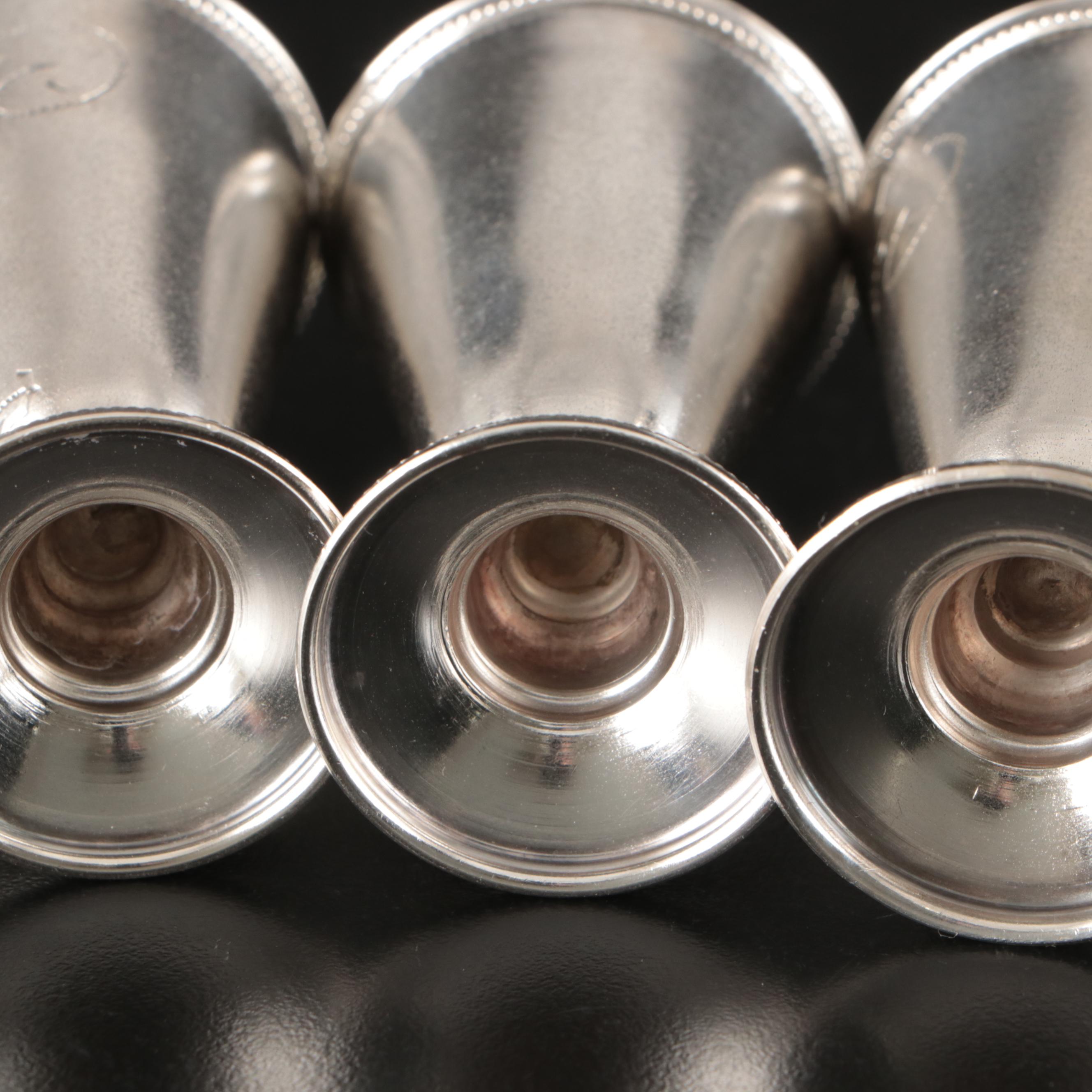 Gorham Sterling Salt Cellars and Salt Spoons with Soviet Russia Shot Glasses