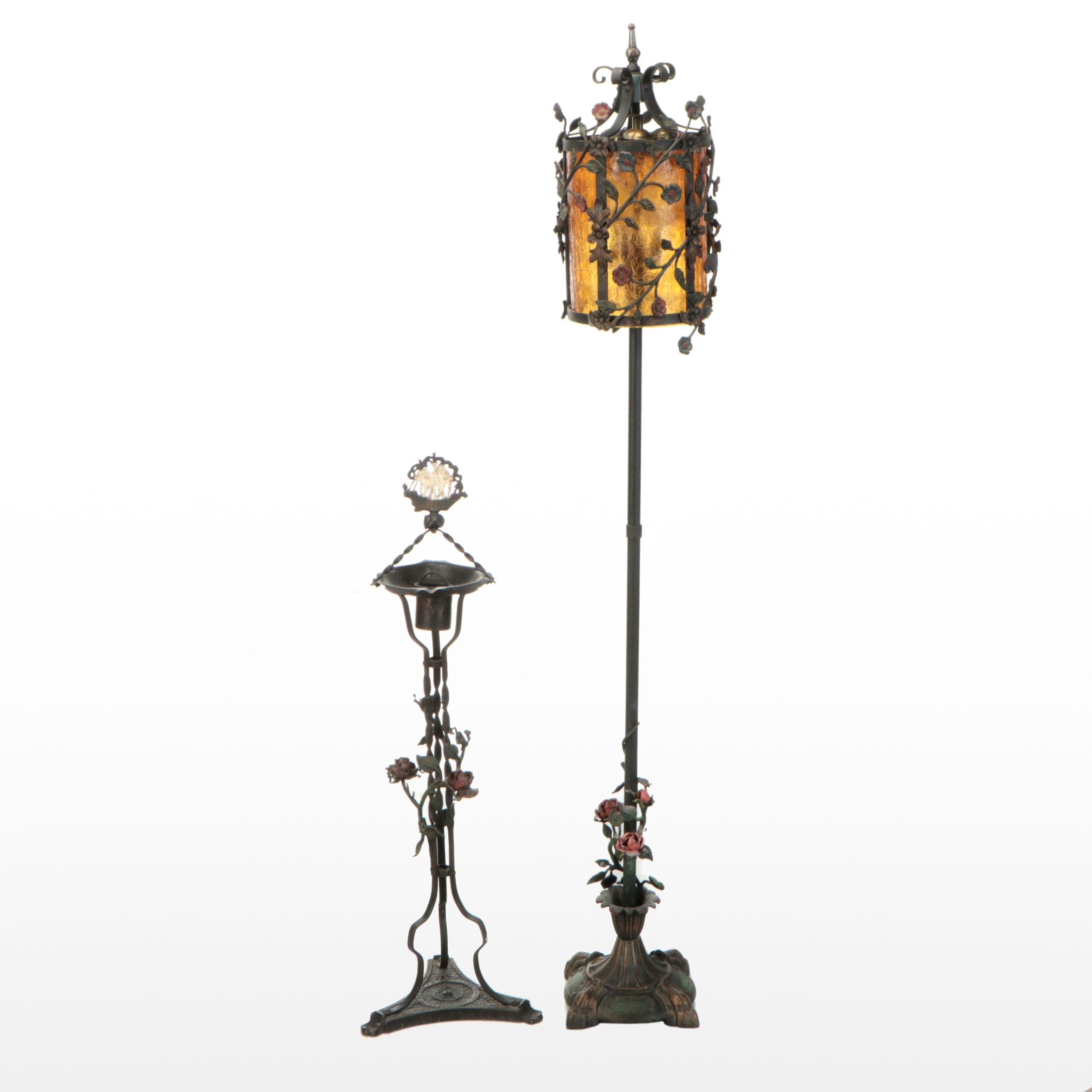Polychrome Metal and Amber Glass Floor Lamp with Standing Ashtray