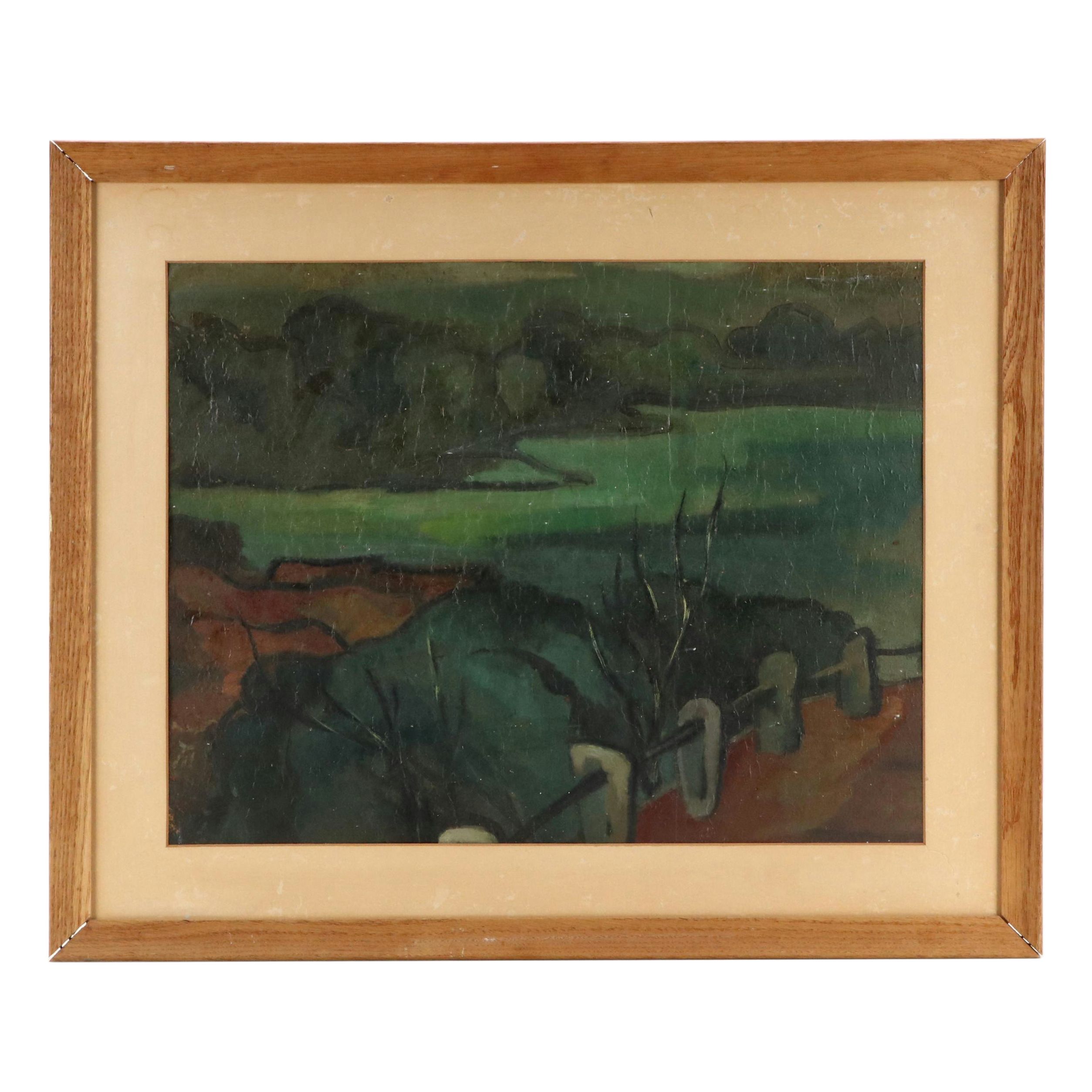 Pang Tseng Ying Oil Landscape on Paper "The Twilight," 1944