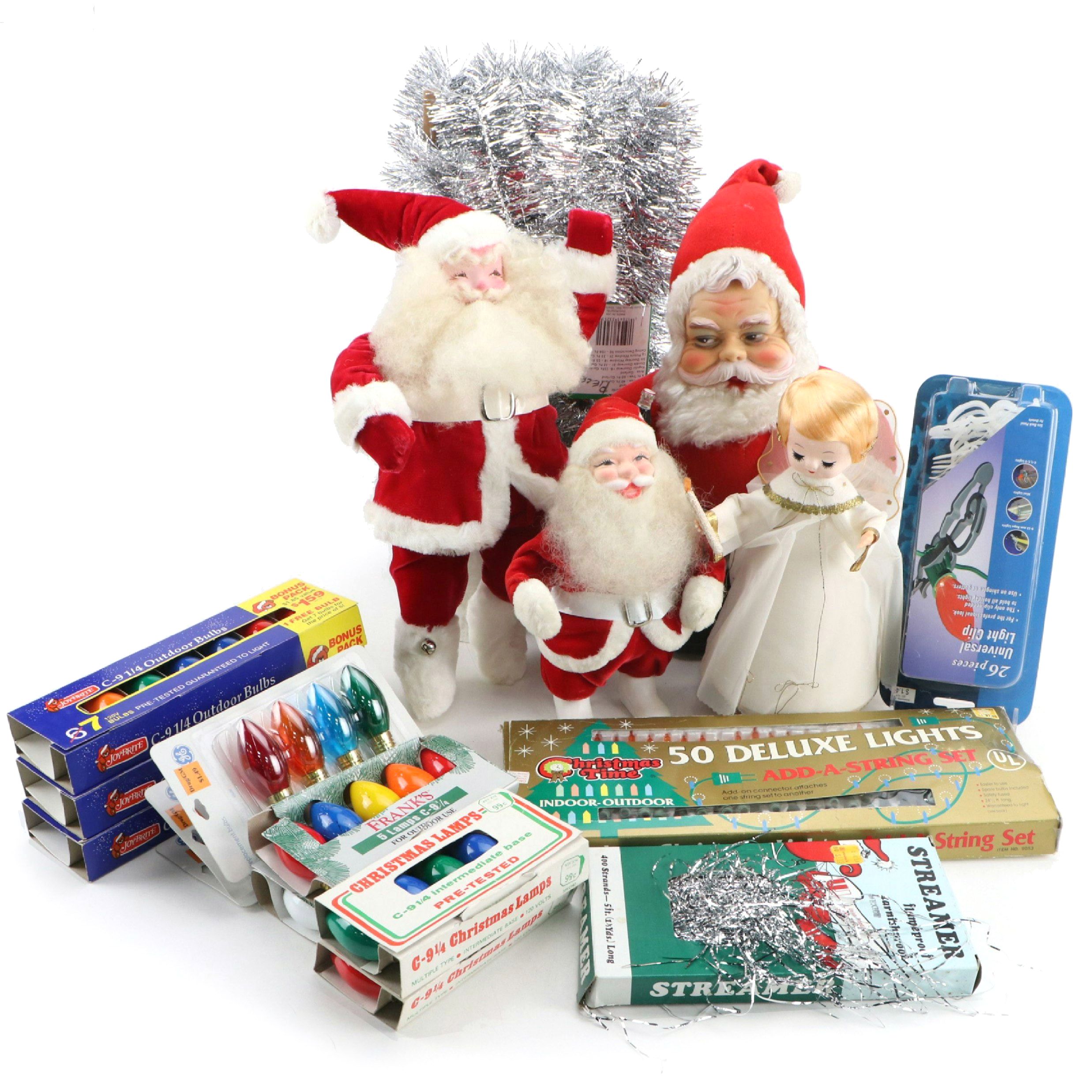 Christmas Tinsel, Lights, Santa Dolls and Topper and Musical Wind-Up Angel