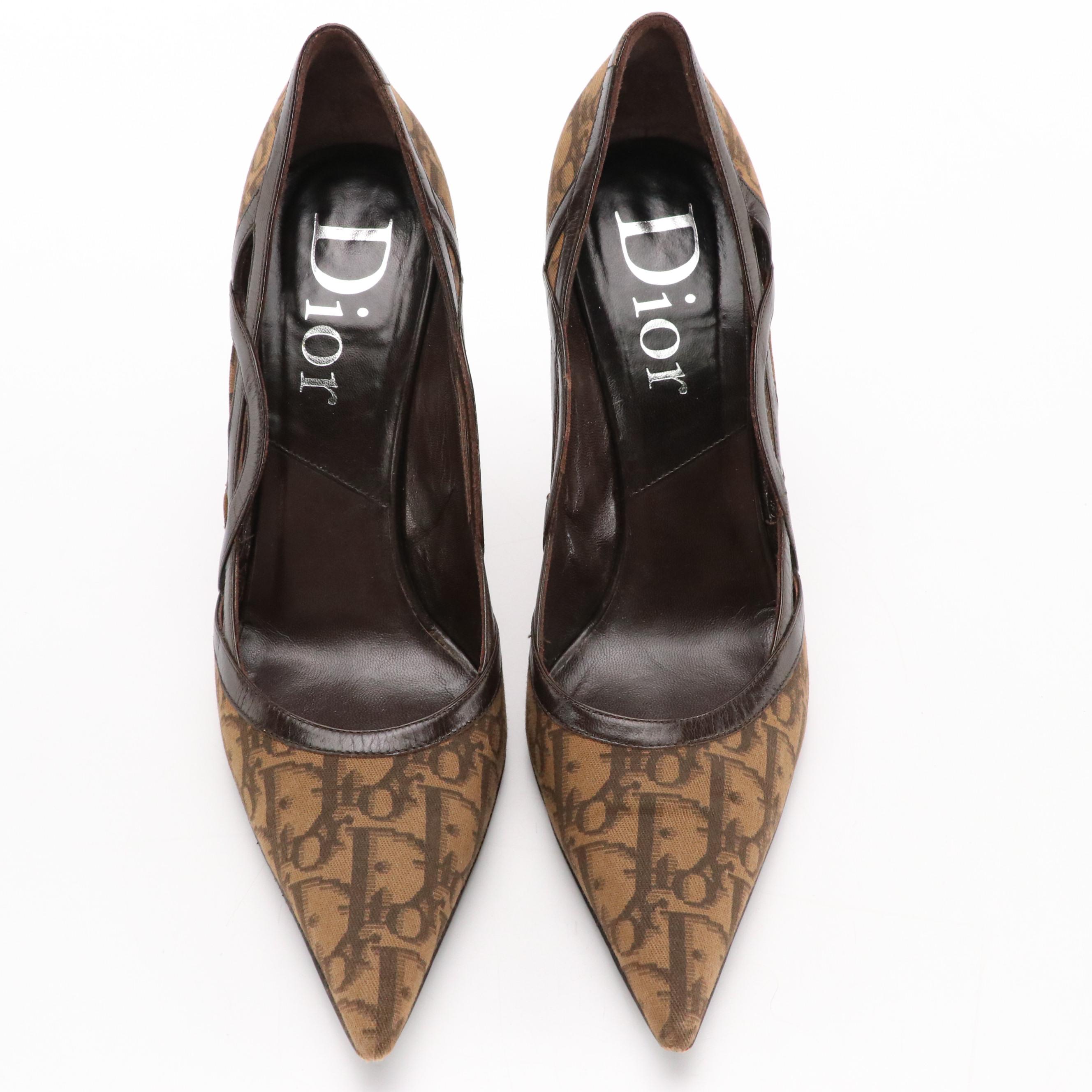 Christian Dior Leather-Trimmed Pointed-Toe Pumps in Brown Dior Oblique Canvas