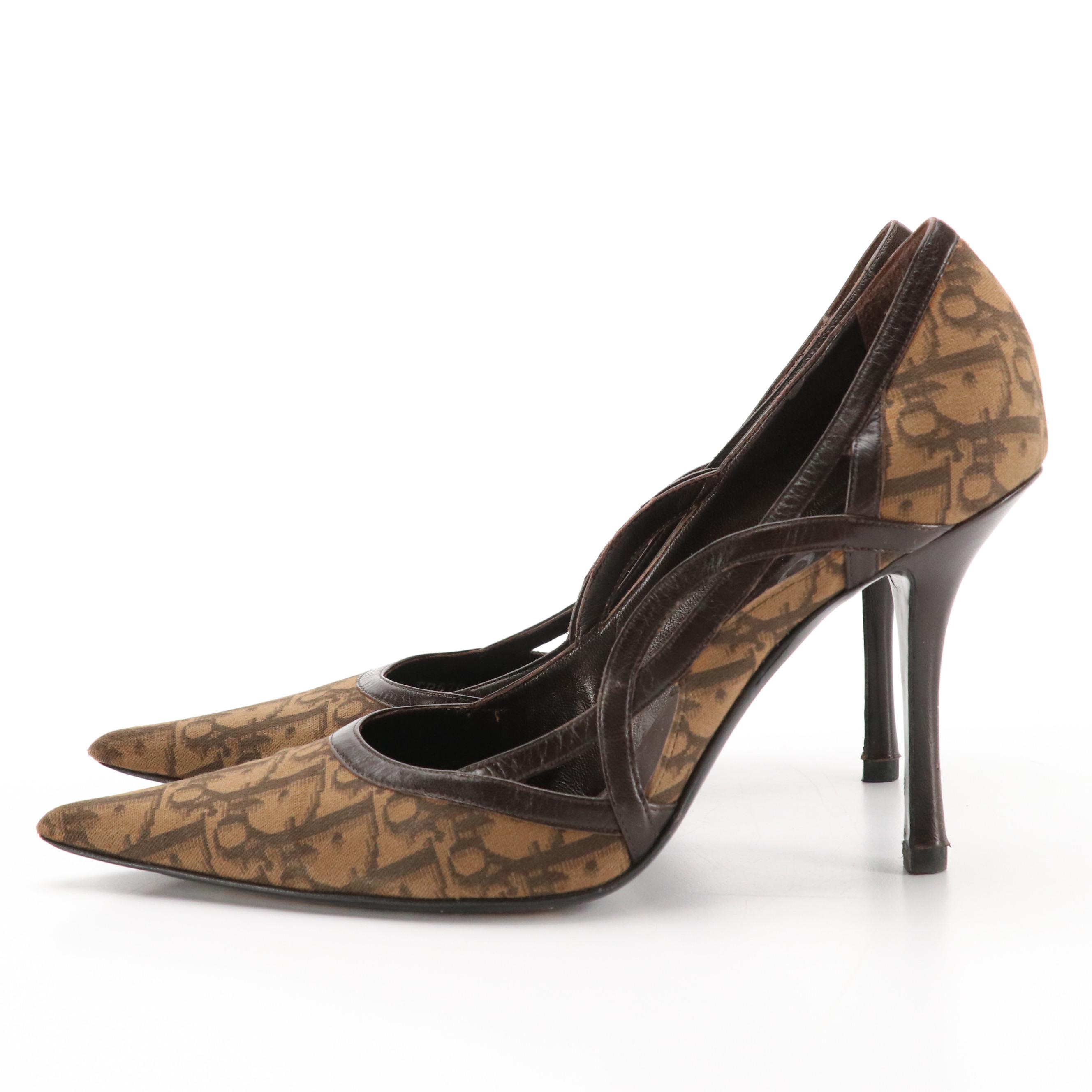 Christian Dior Leather-Trimmed Pointed-Toe Pumps in Brown Dior Oblique Canvas