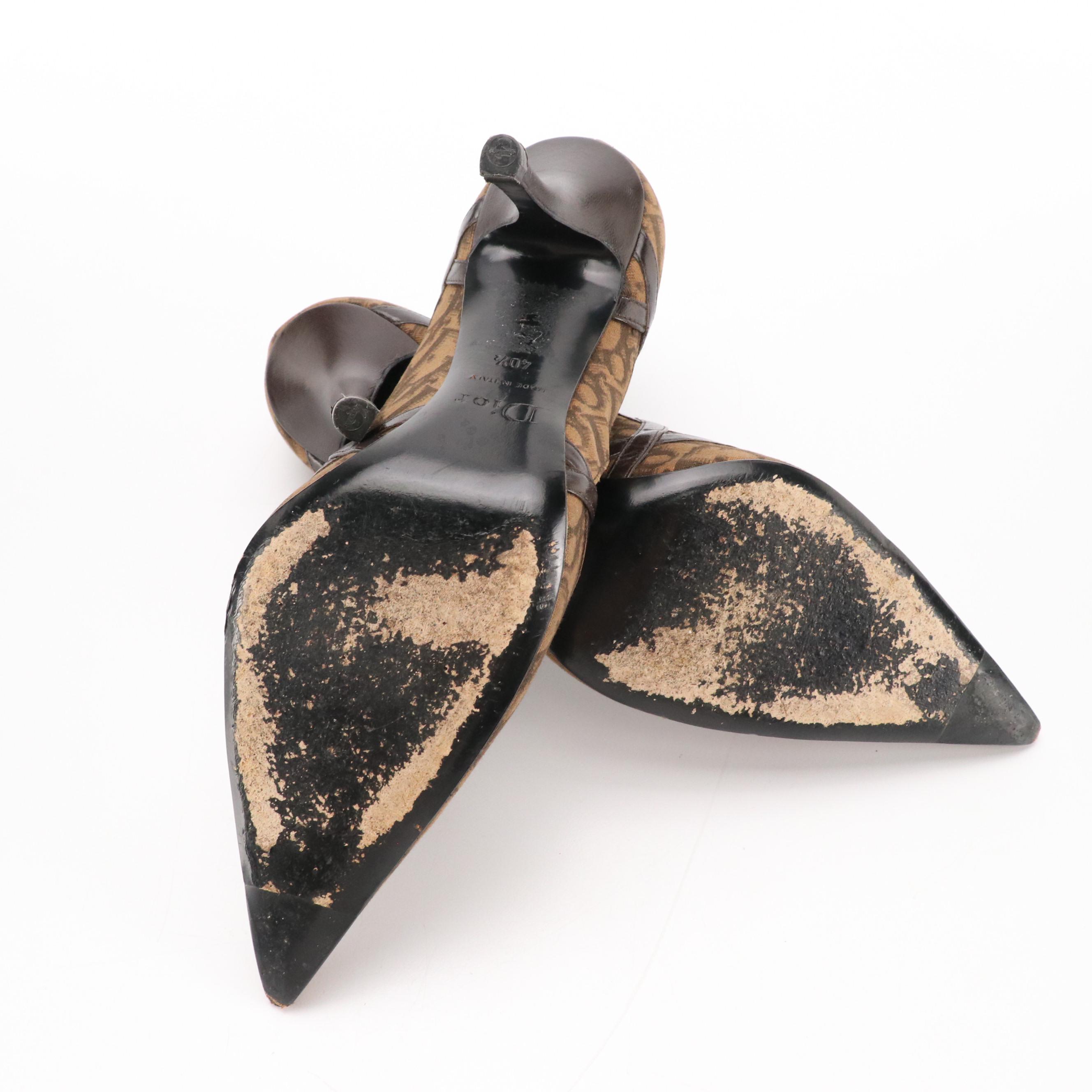 Christian Dior Leather-Trimmed Pointed-Toe Pumps in Brown Dior Oblique Canvas