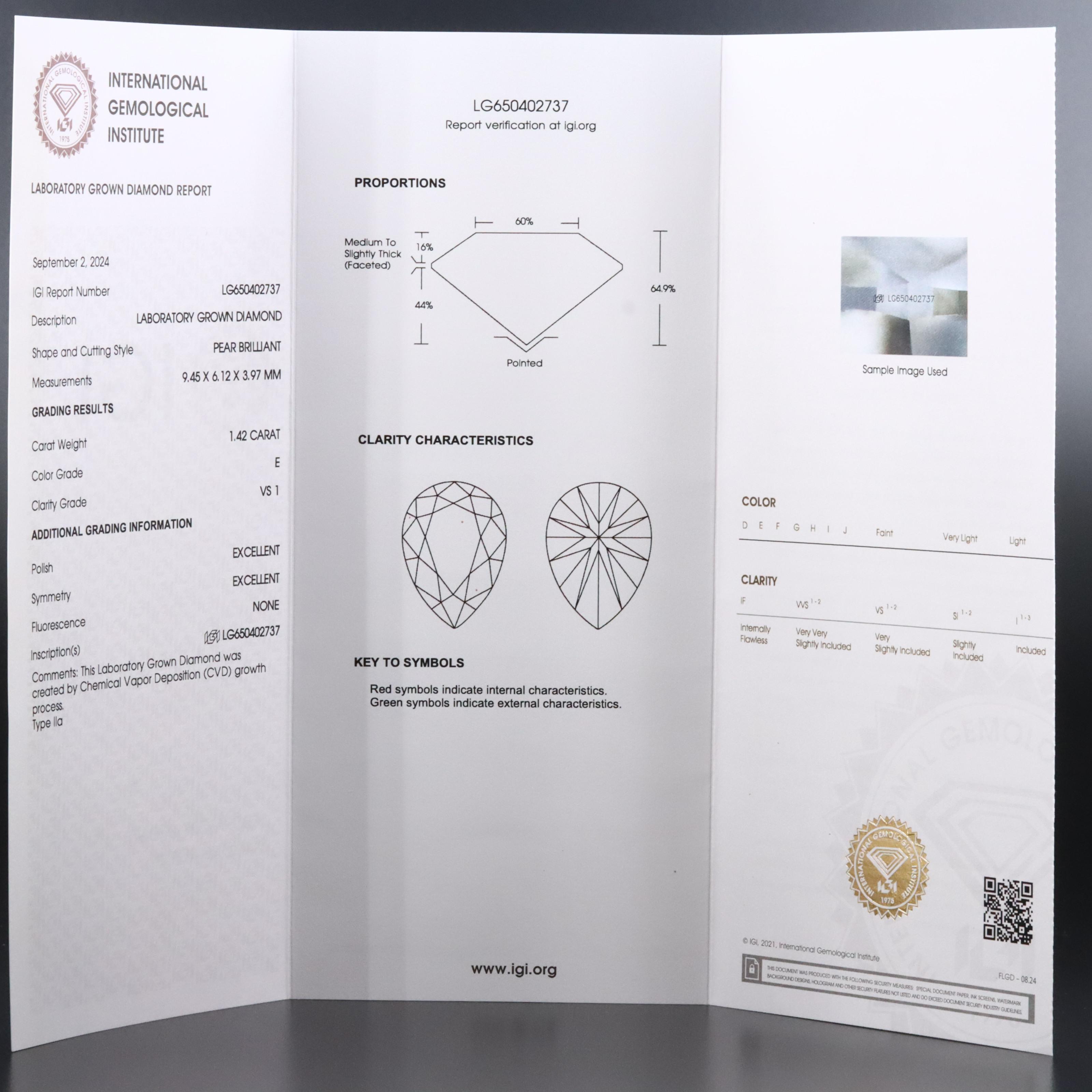 Loose 1.42 CT Lab Grown Diamond with IGI Report