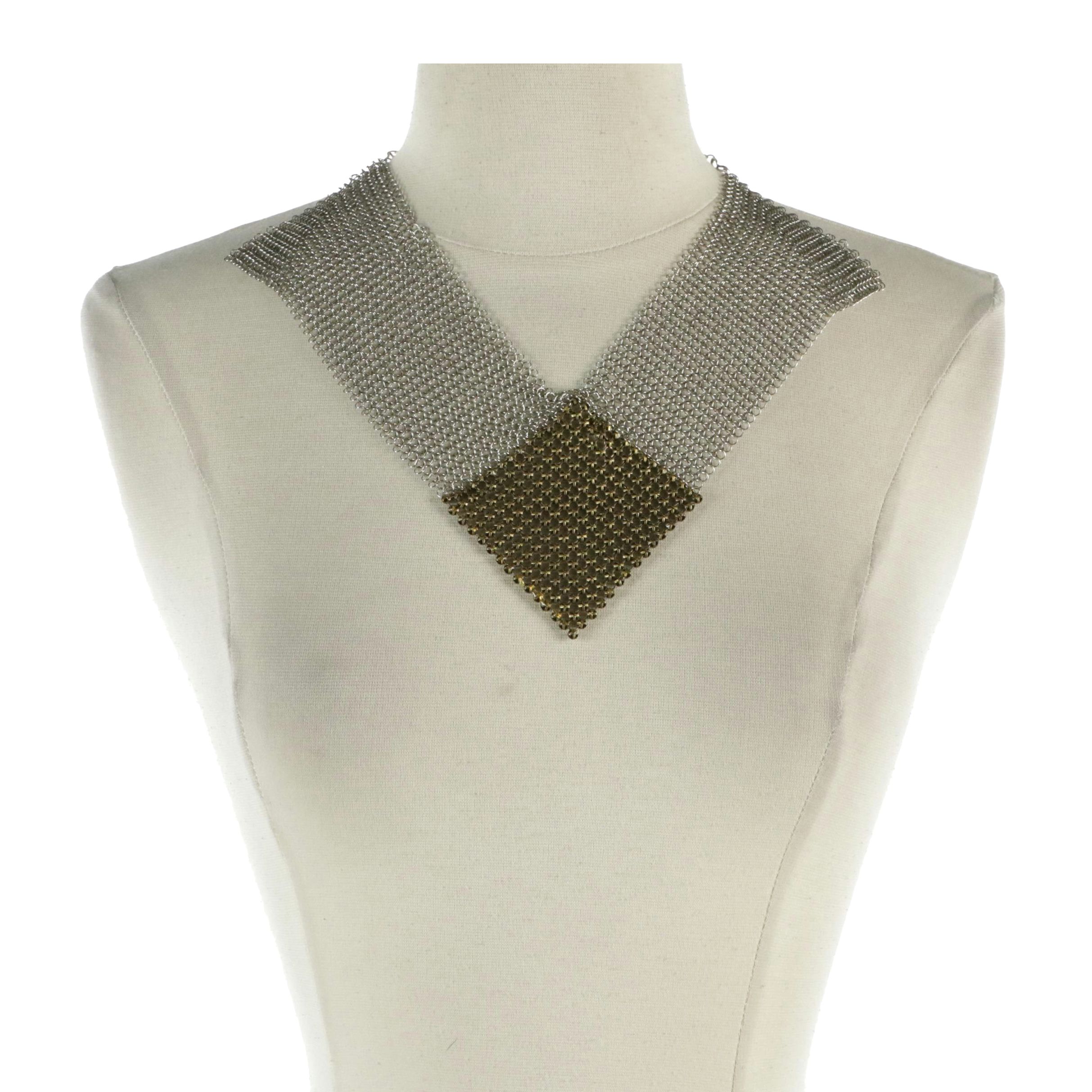 Ferrara Pewter Ring Mesh Necklace with Hob Nail Detailed Center