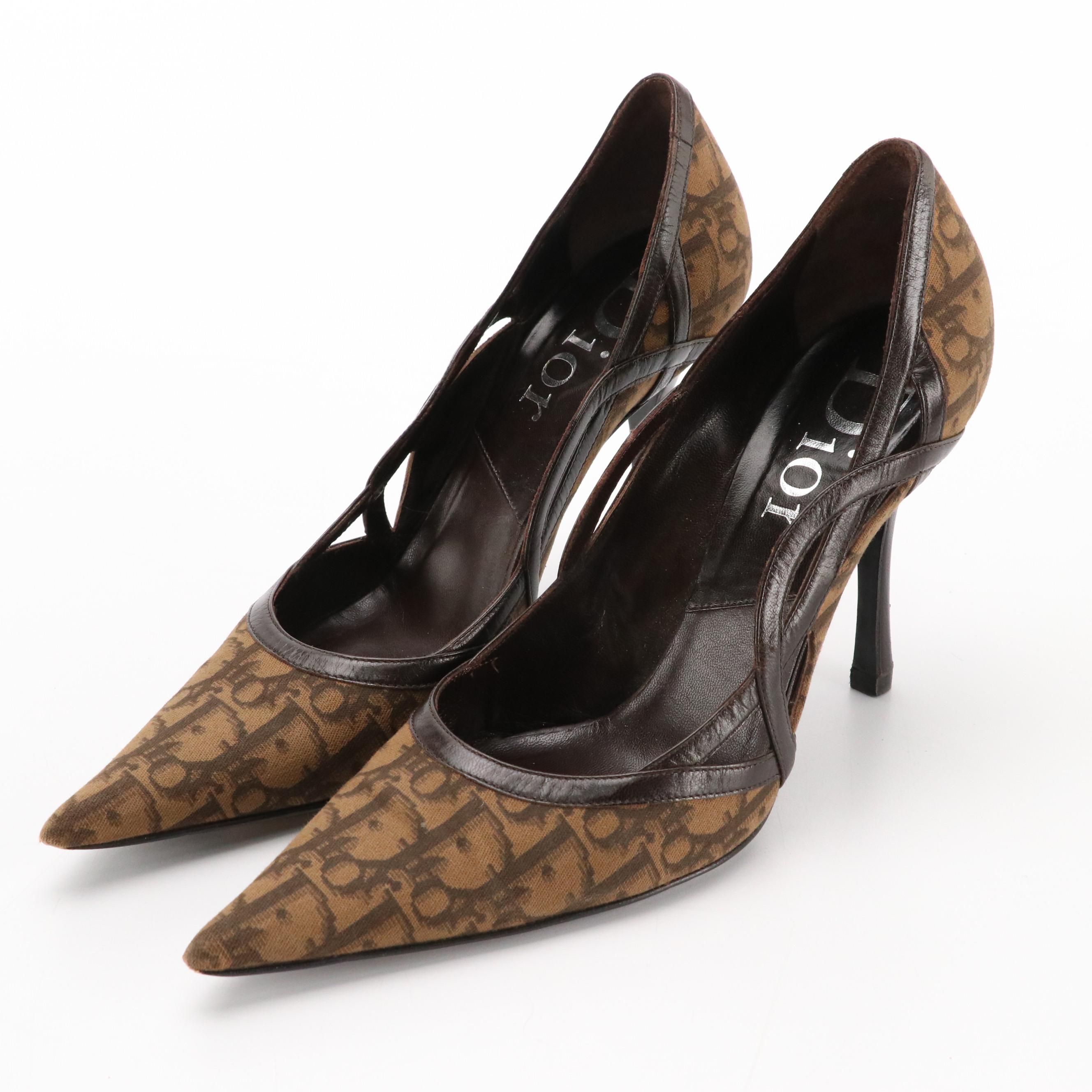 Christian Dior Leather-Trimmed Pointed-Toe Pumps in Brown Dior Oblique Canvas