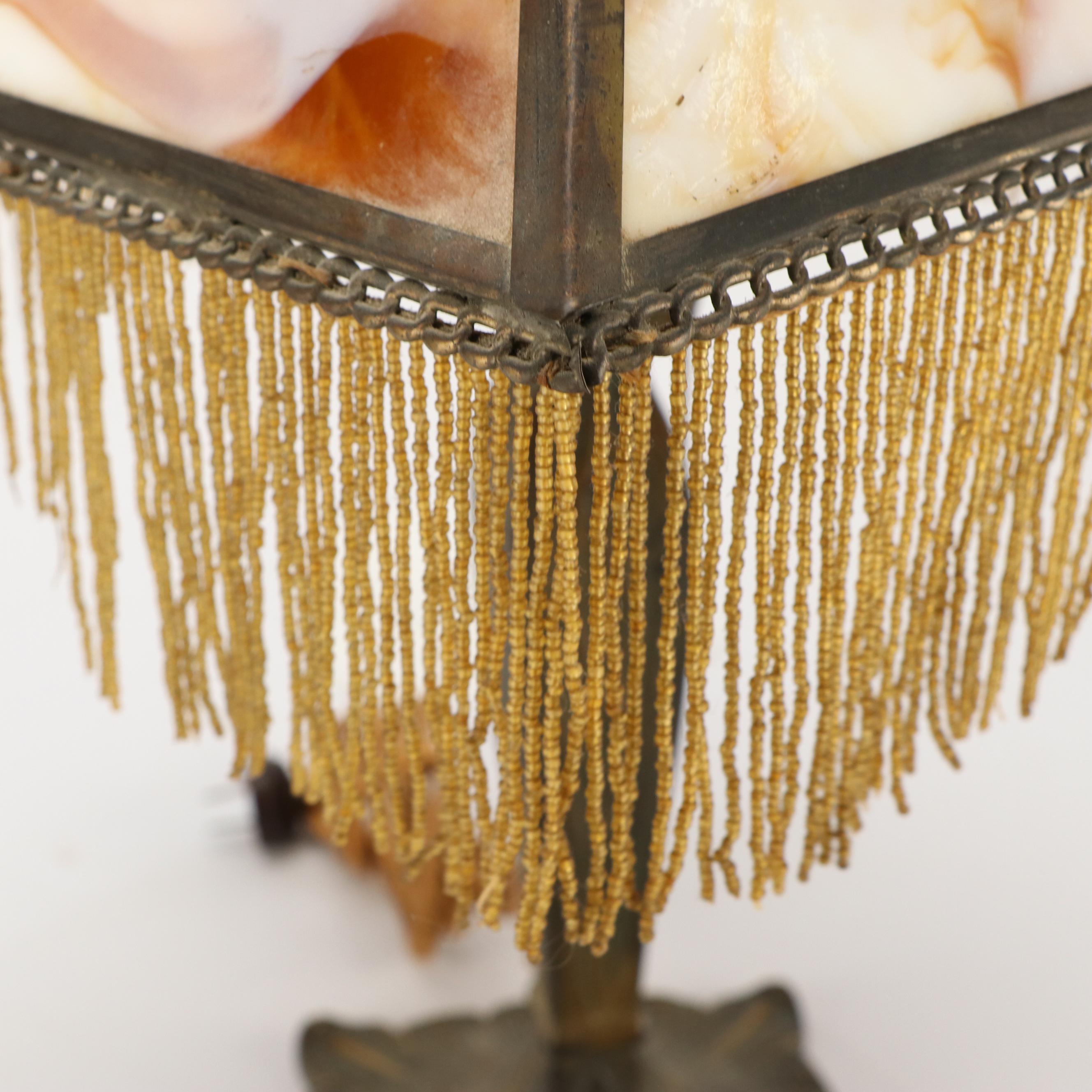 Arts and Crafts Cast Metal Lamp with Beaded Fringe Slag Glass Shade