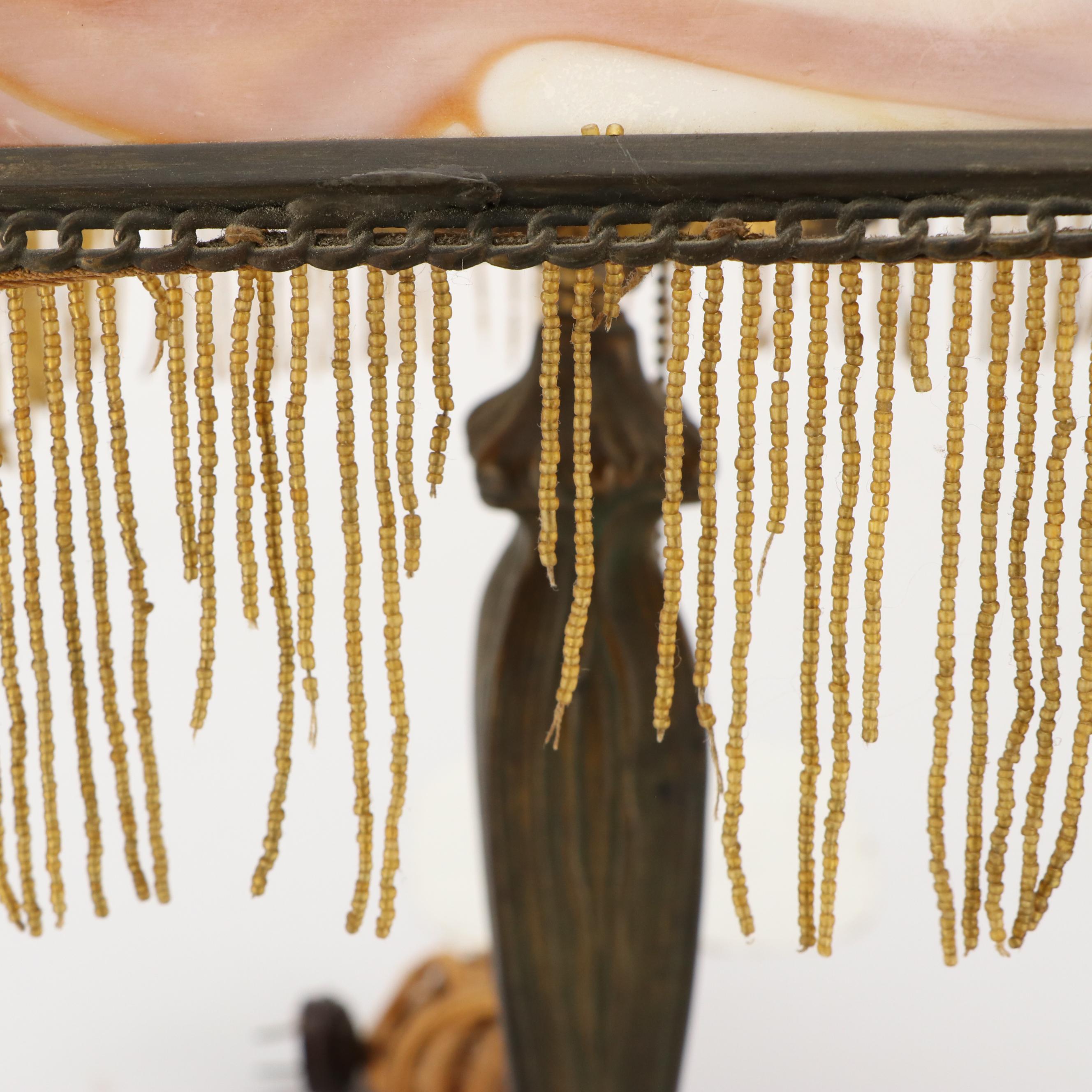 Arts and Crafts Cast Metal Lamp with Beaded Fringe Slag Glass Shade