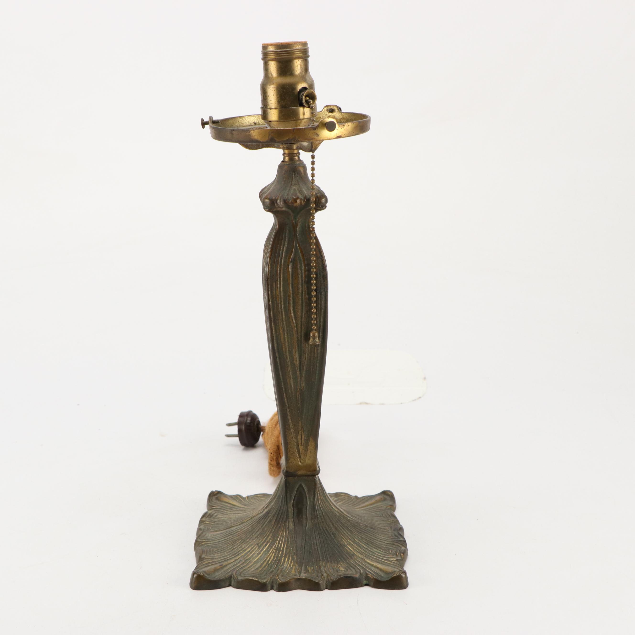 Arts and Crafts Cast Metal Lamp with Beaded Fringe Slag Glass Shade