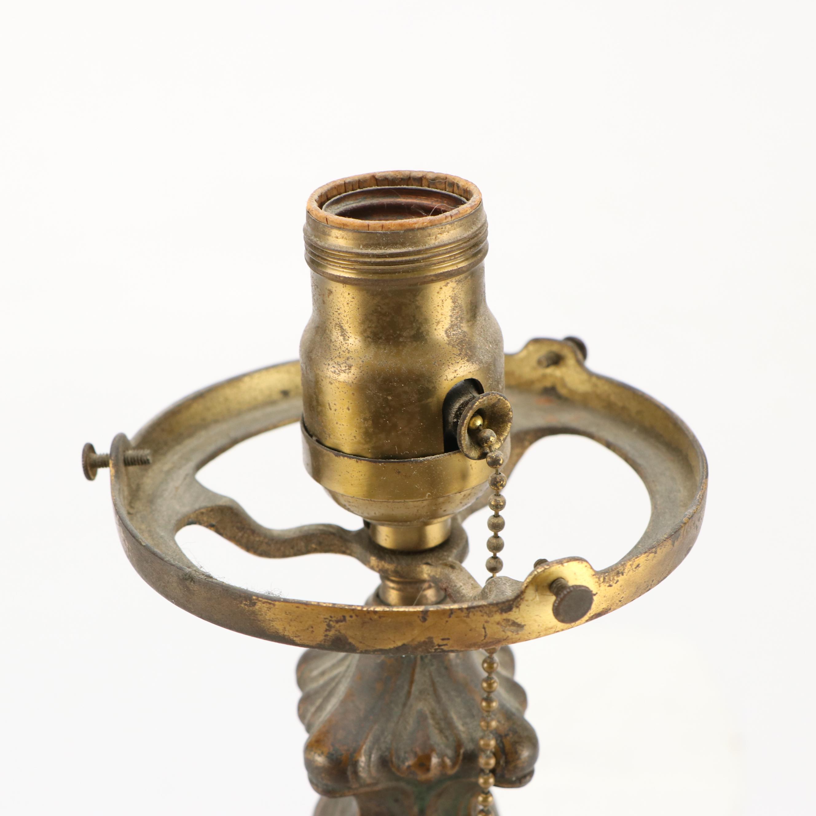 Arts and Crafts Cast Metal Lamp with Beaded Fringe Slag Glass Shade