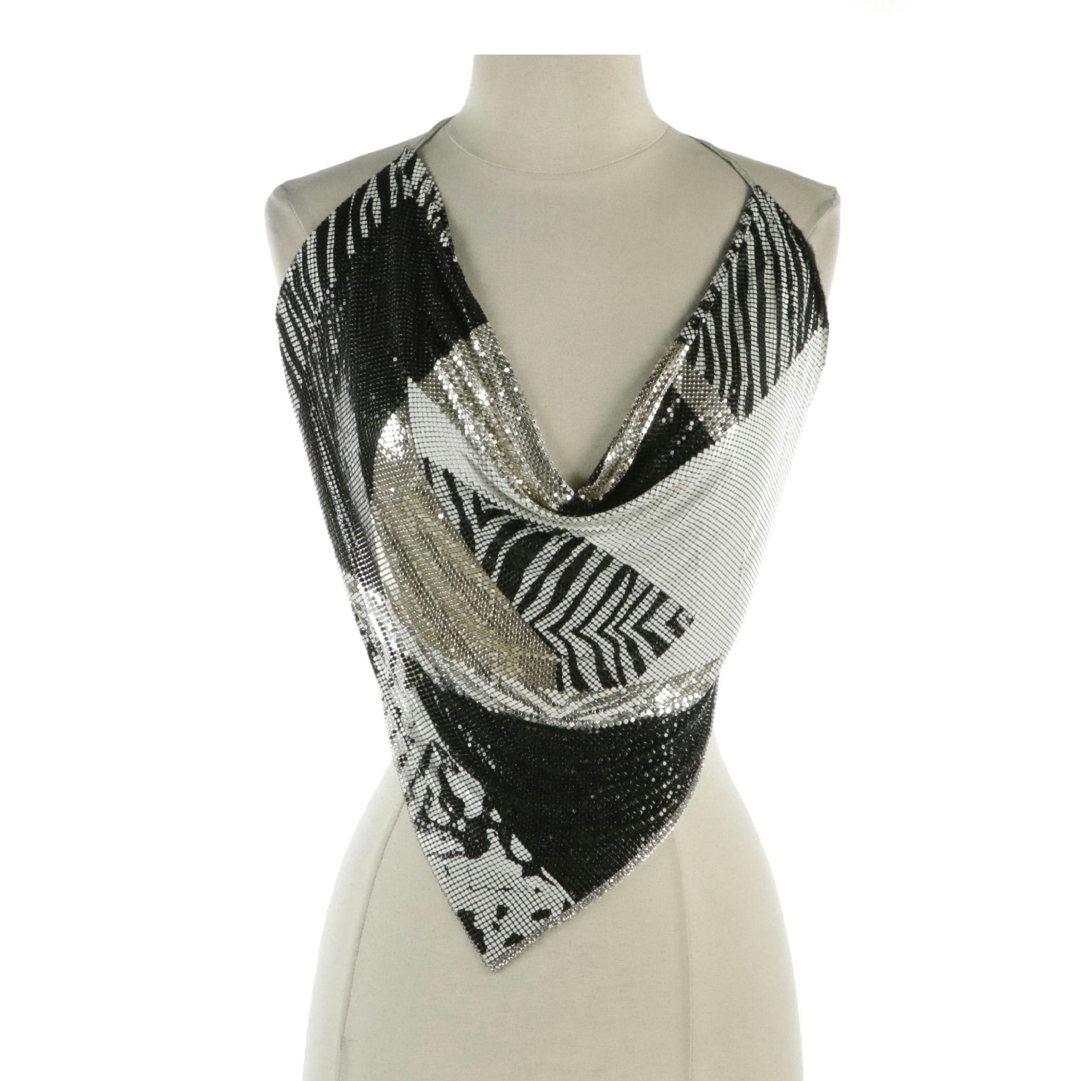 Ferrara Colorblock Printed B&W Metal Mesh Halter Top