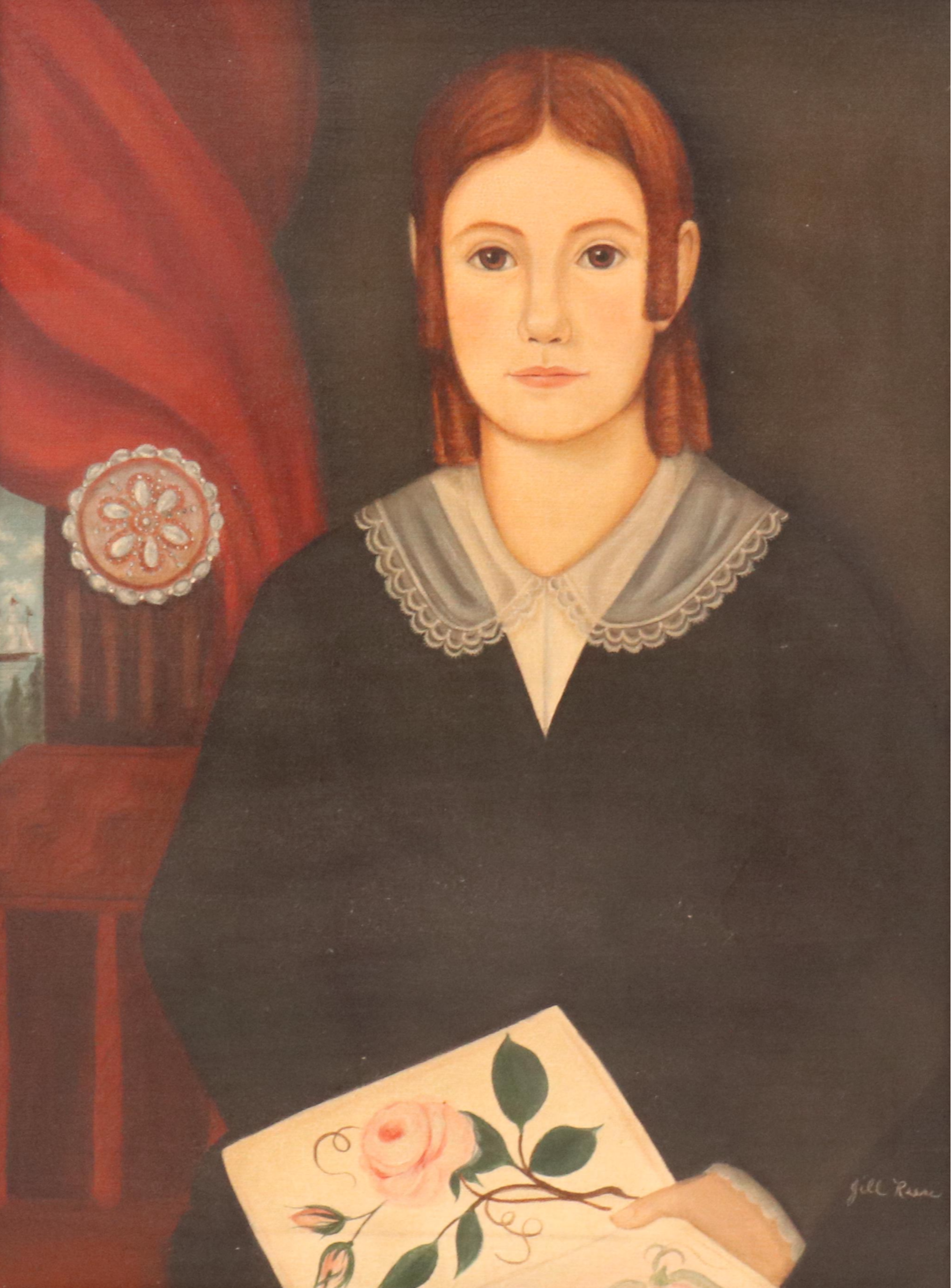 Oil Painting Portrait of Woman Posing with Book, Late 20th Century
