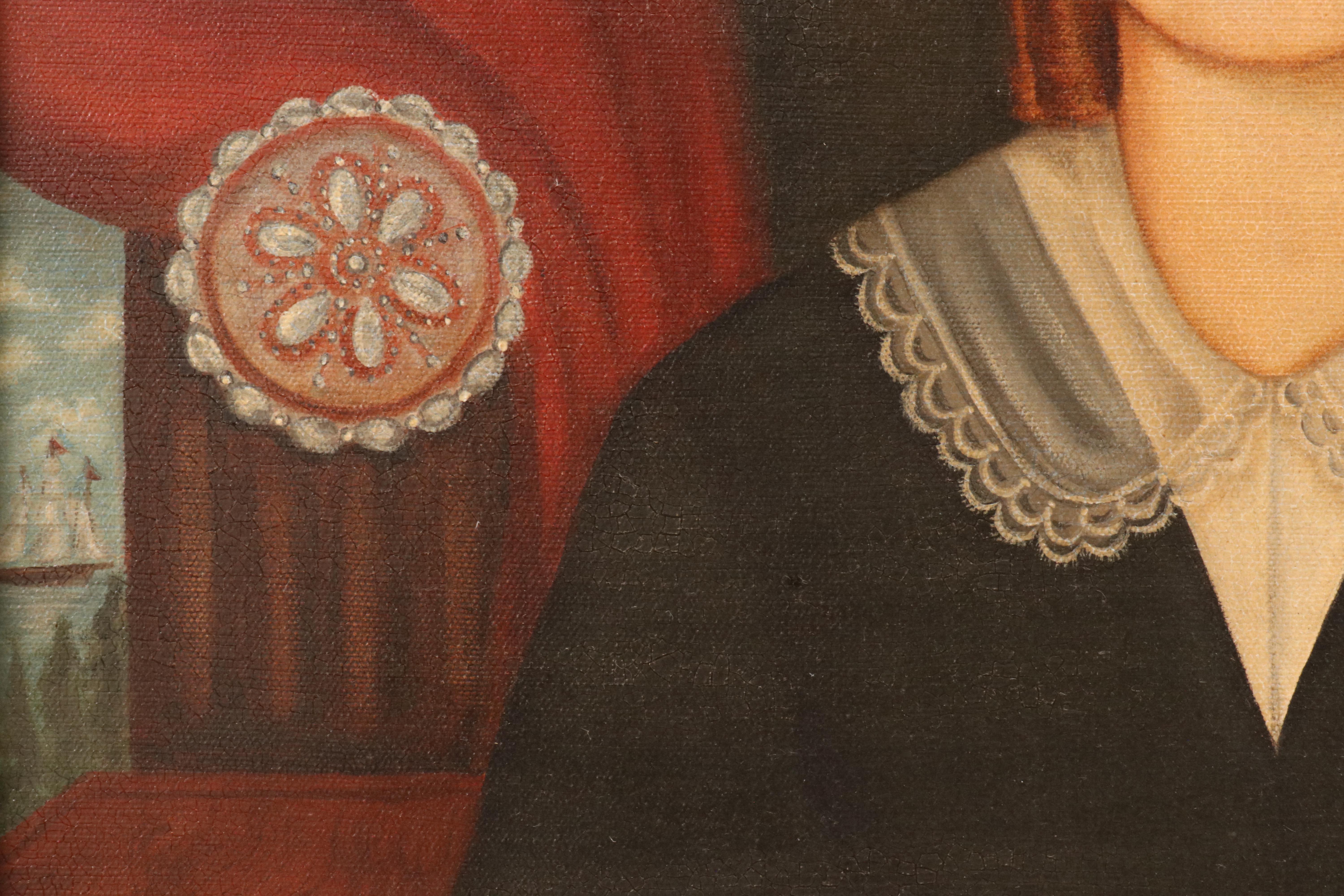 Oil Painting Portrait of Woman Posing with Book, Late 20th Century