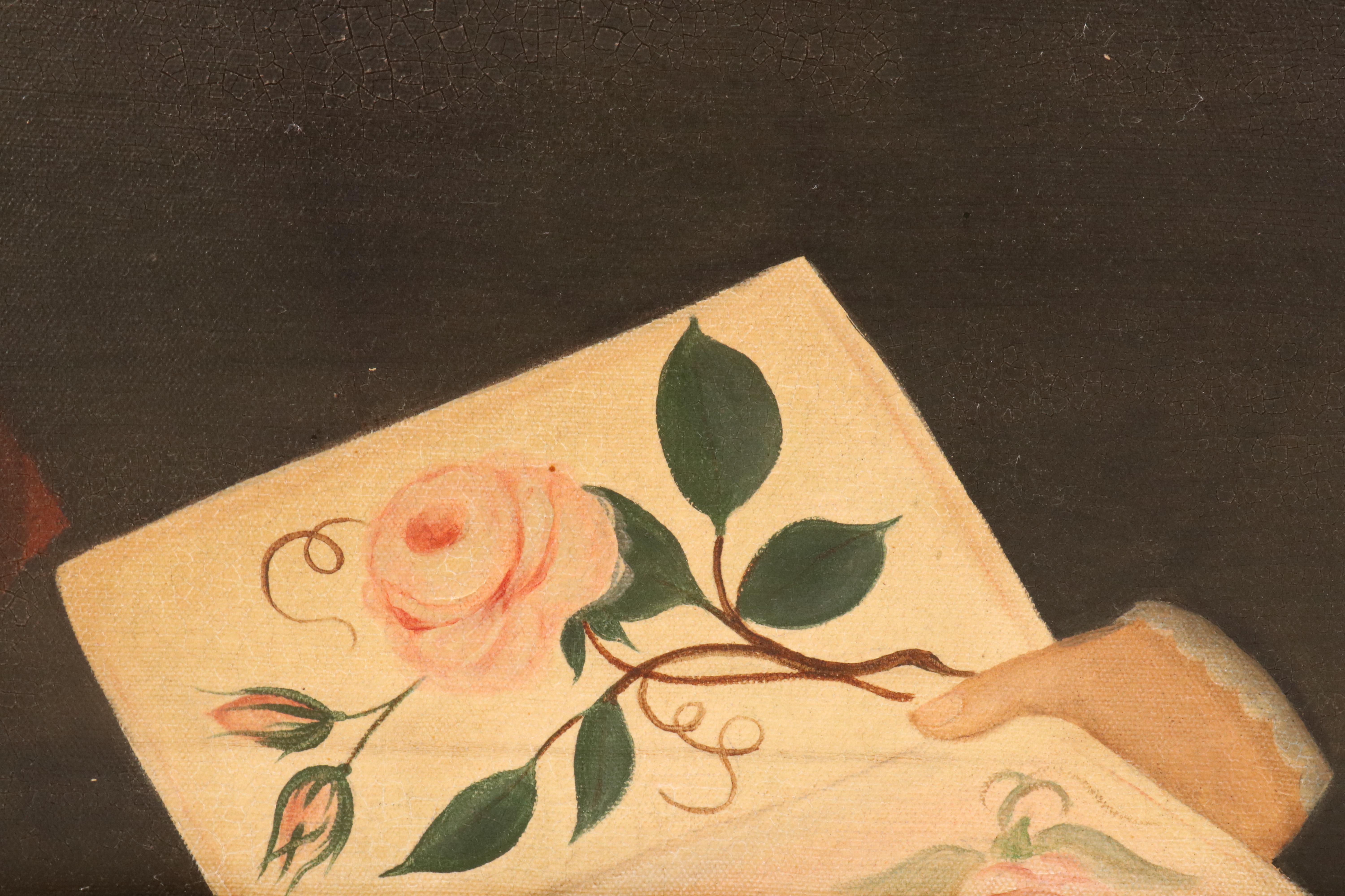 Oil Painting Portrait of Woman Posing with Book, Late 20th Century