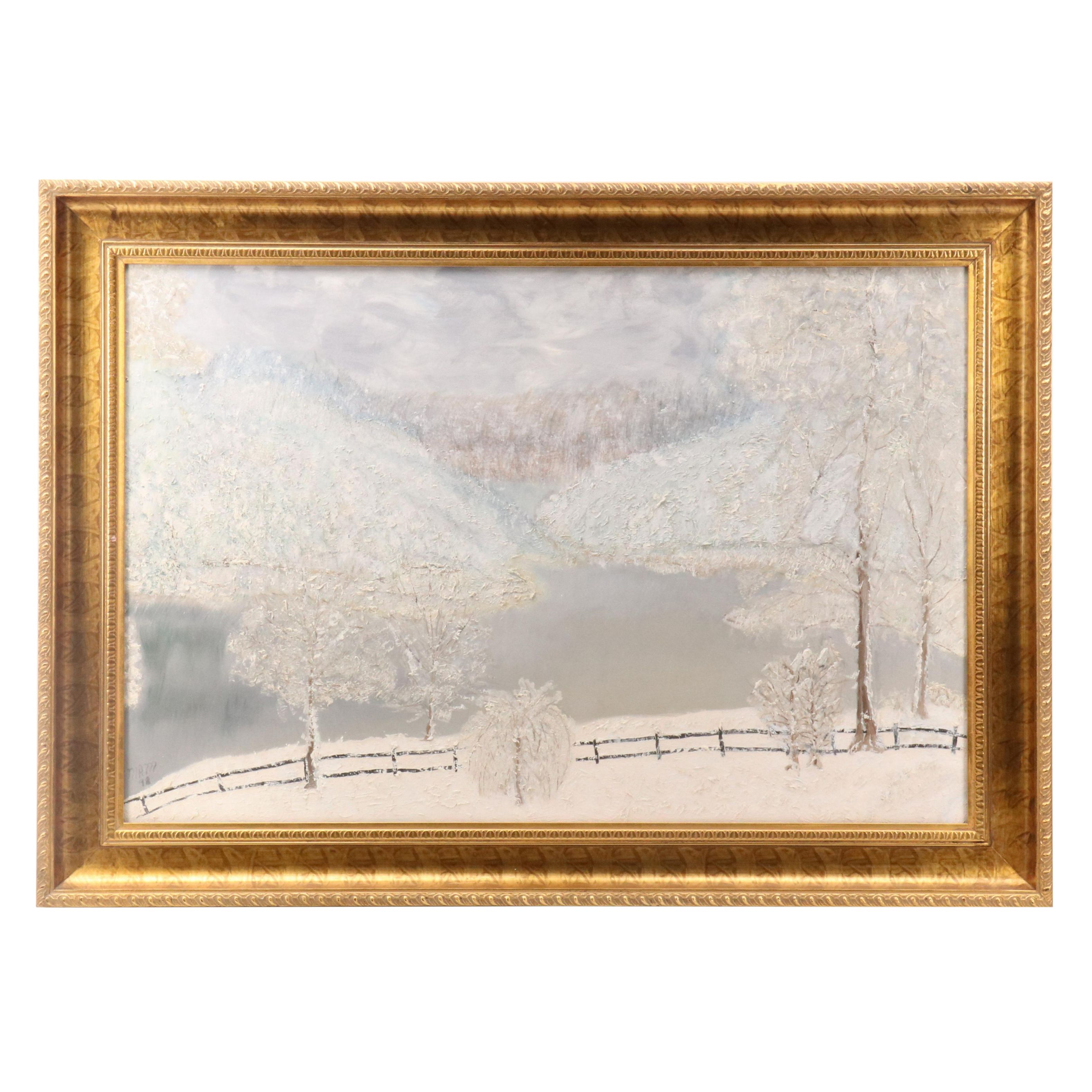 Textured Oil Painting of Wintry Park Scene, 1998