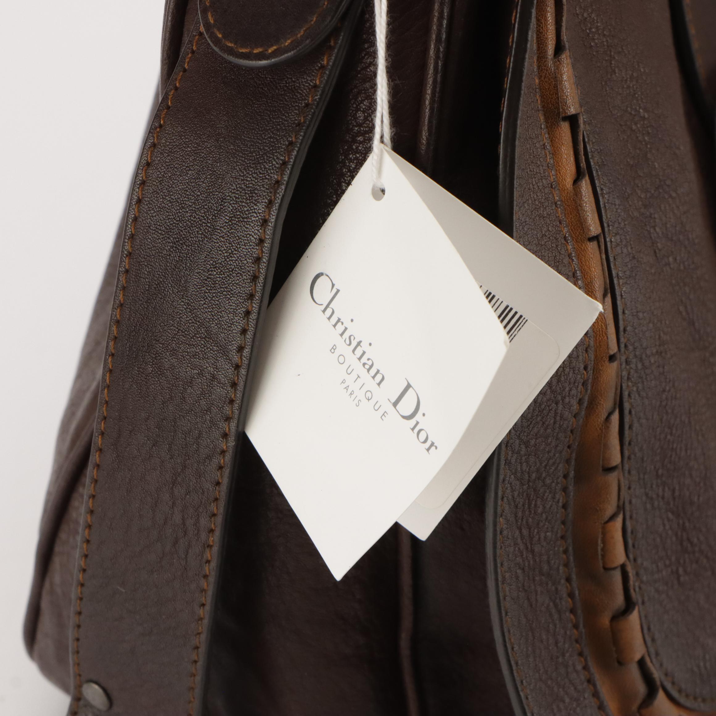 Christian Dior Gaucho Saddle Bag in Distressed Brown Leather with Tan Accents