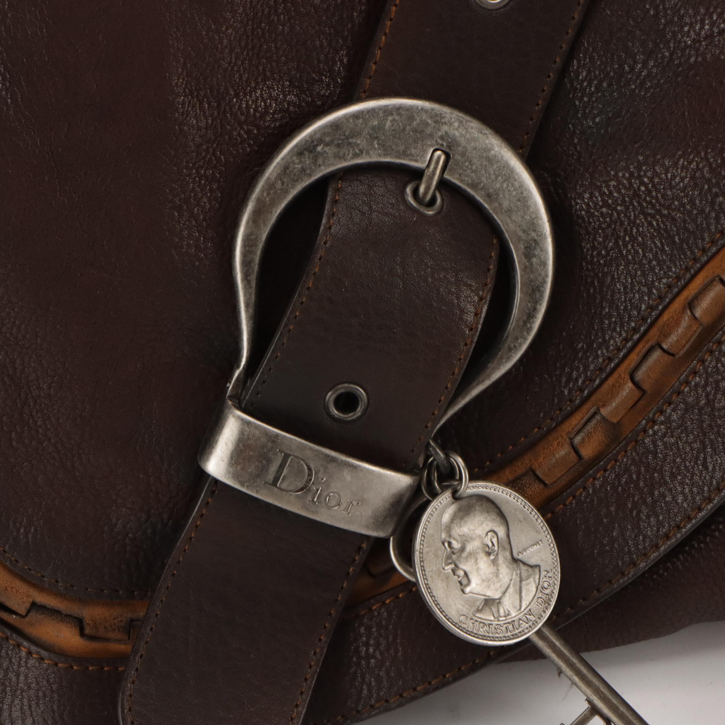 Christian Dior Gaucho Saddle Bag in Distressed Brown Leather with Tan Accents