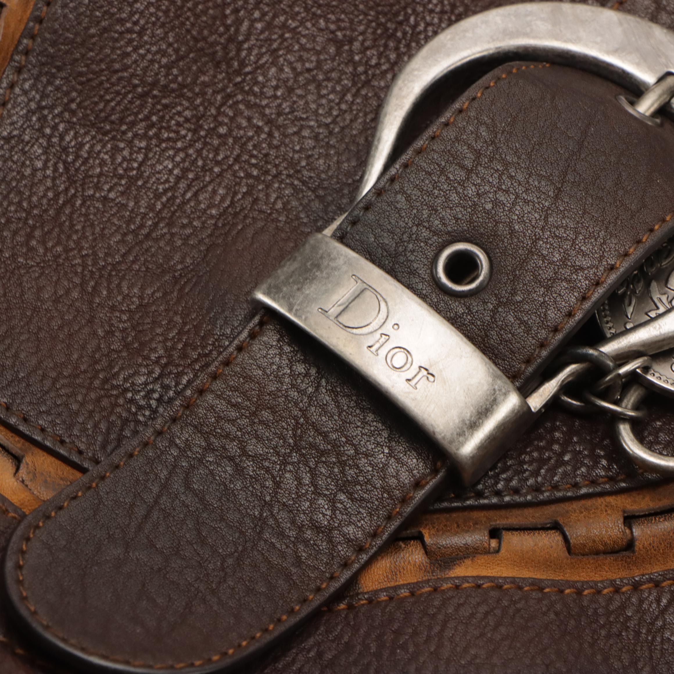 Christian Dior Gaucho Saddle Bag in Distressed Brown Leather with Tan Accents