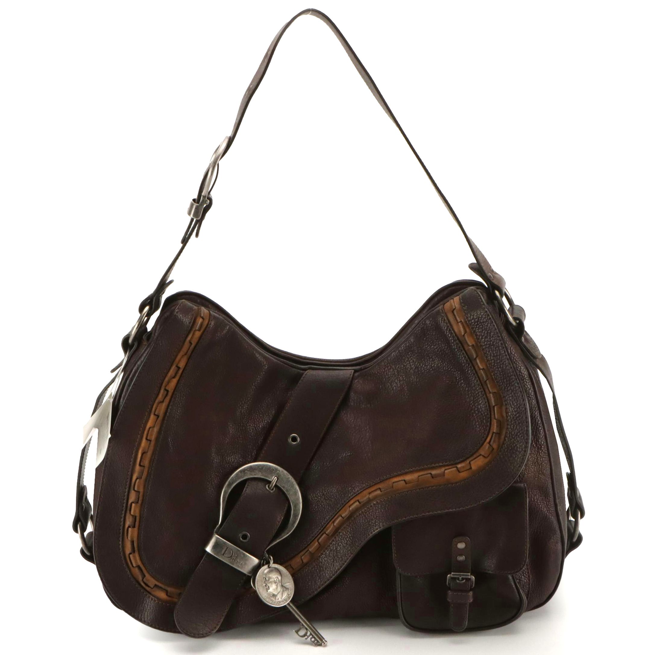 Christian Dior Gaucho Saddle Bag in Distressed Brown Leather with Tan Accents